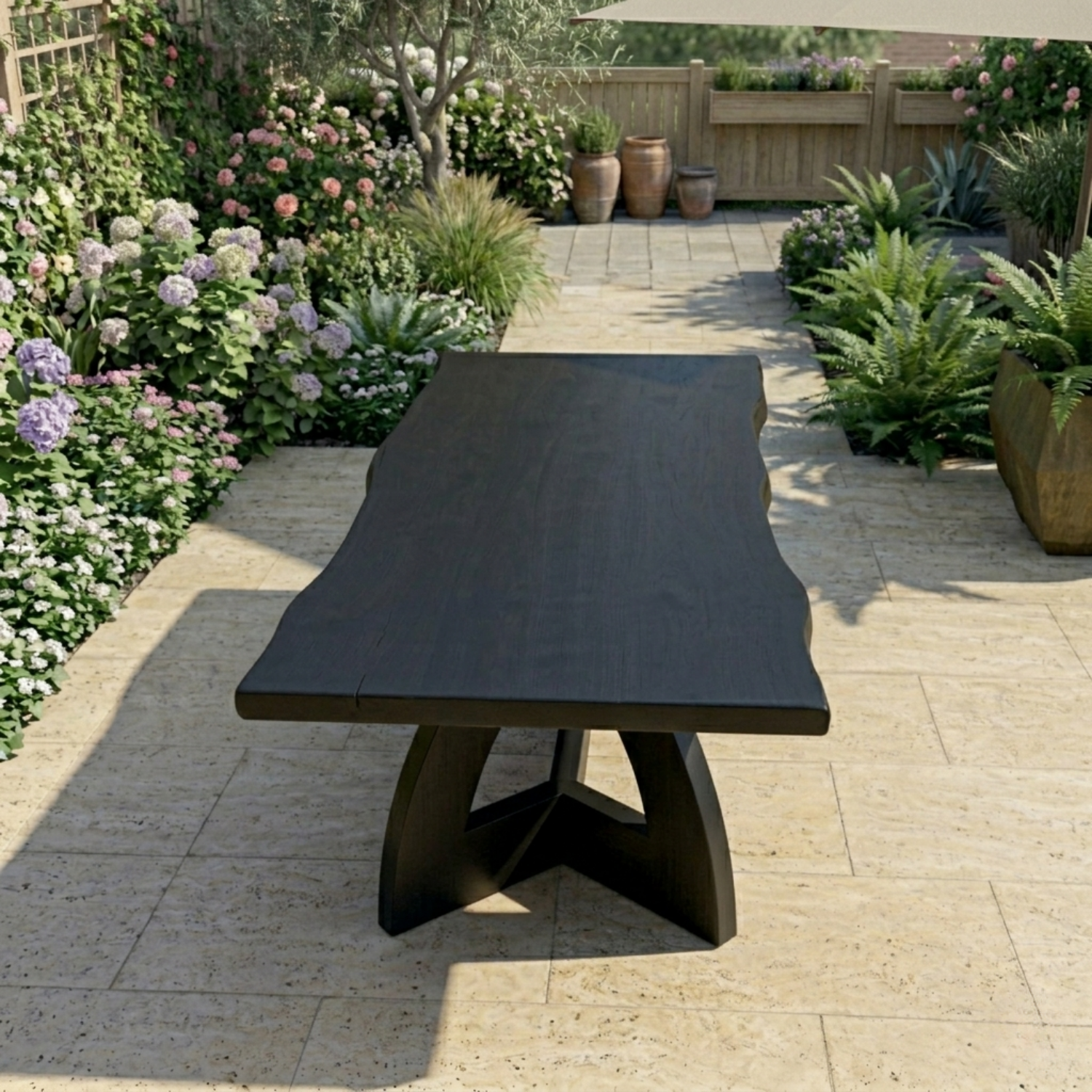 Live Edge Solid Wood Outdoor Dining Table with Sculptural Arch Pedestal Base