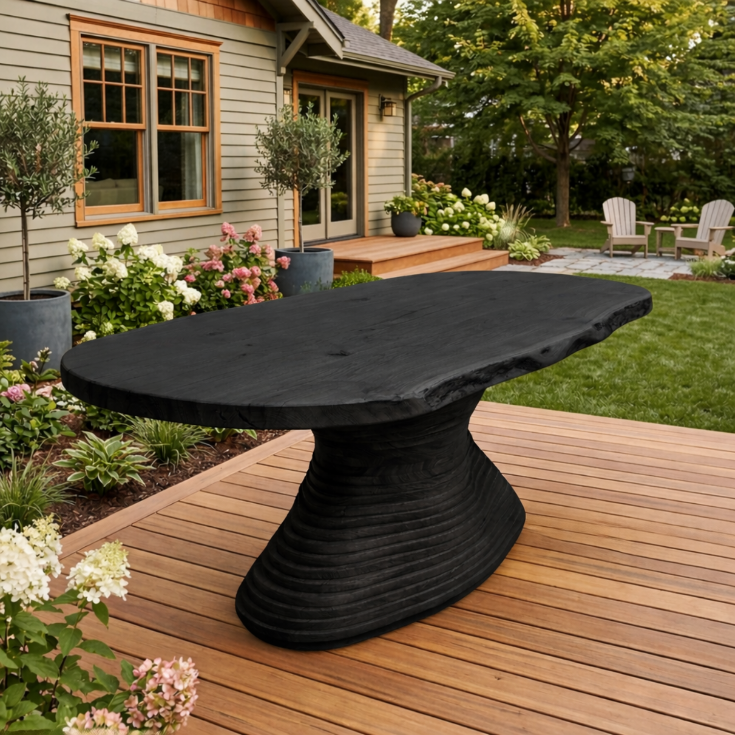 Live Edge Solid Wood Outdoor Dining Table with Sculptural Spiral Pedestal Base