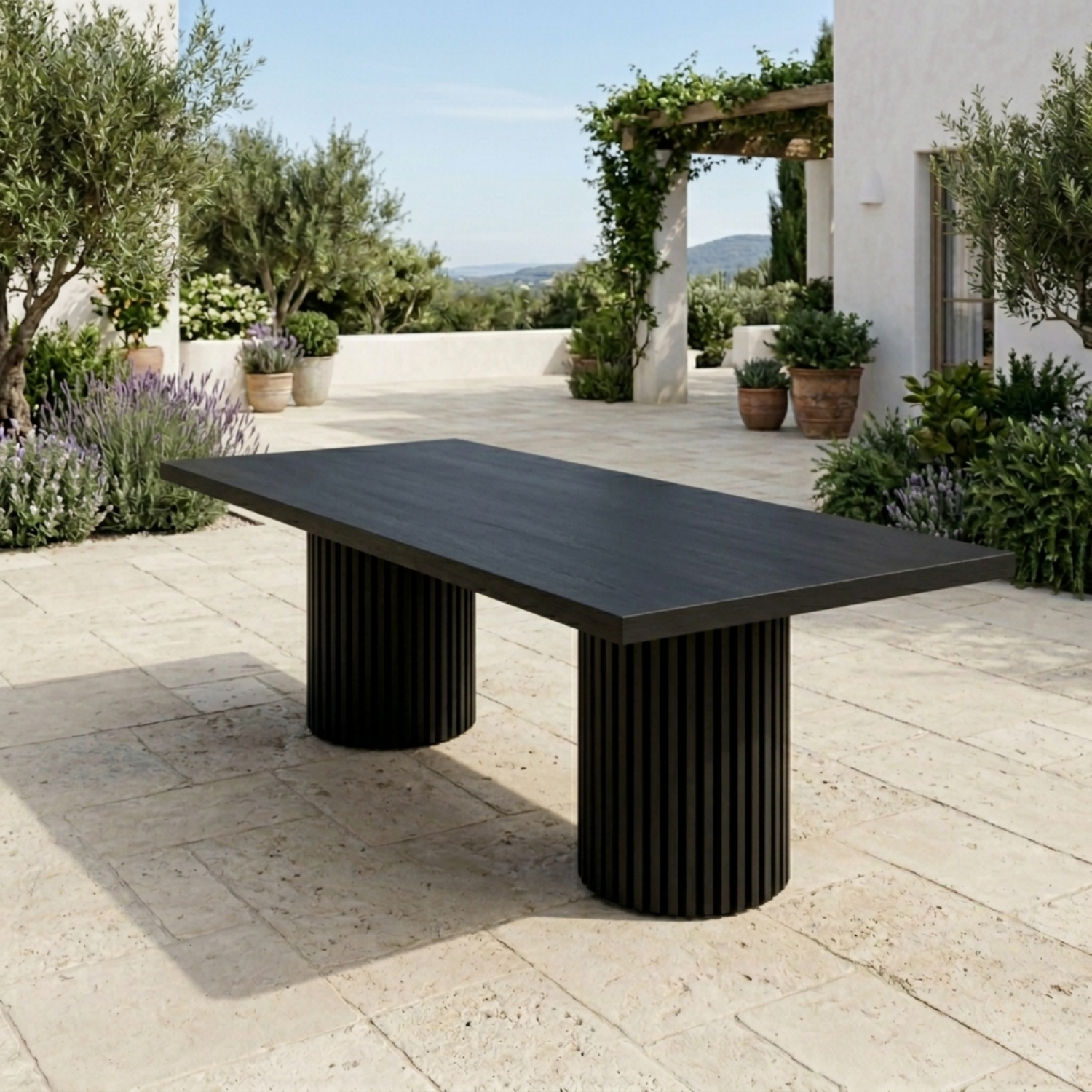 Rectangular Solid Wood Outdoor Dining Table with Fluted Pedestal Base