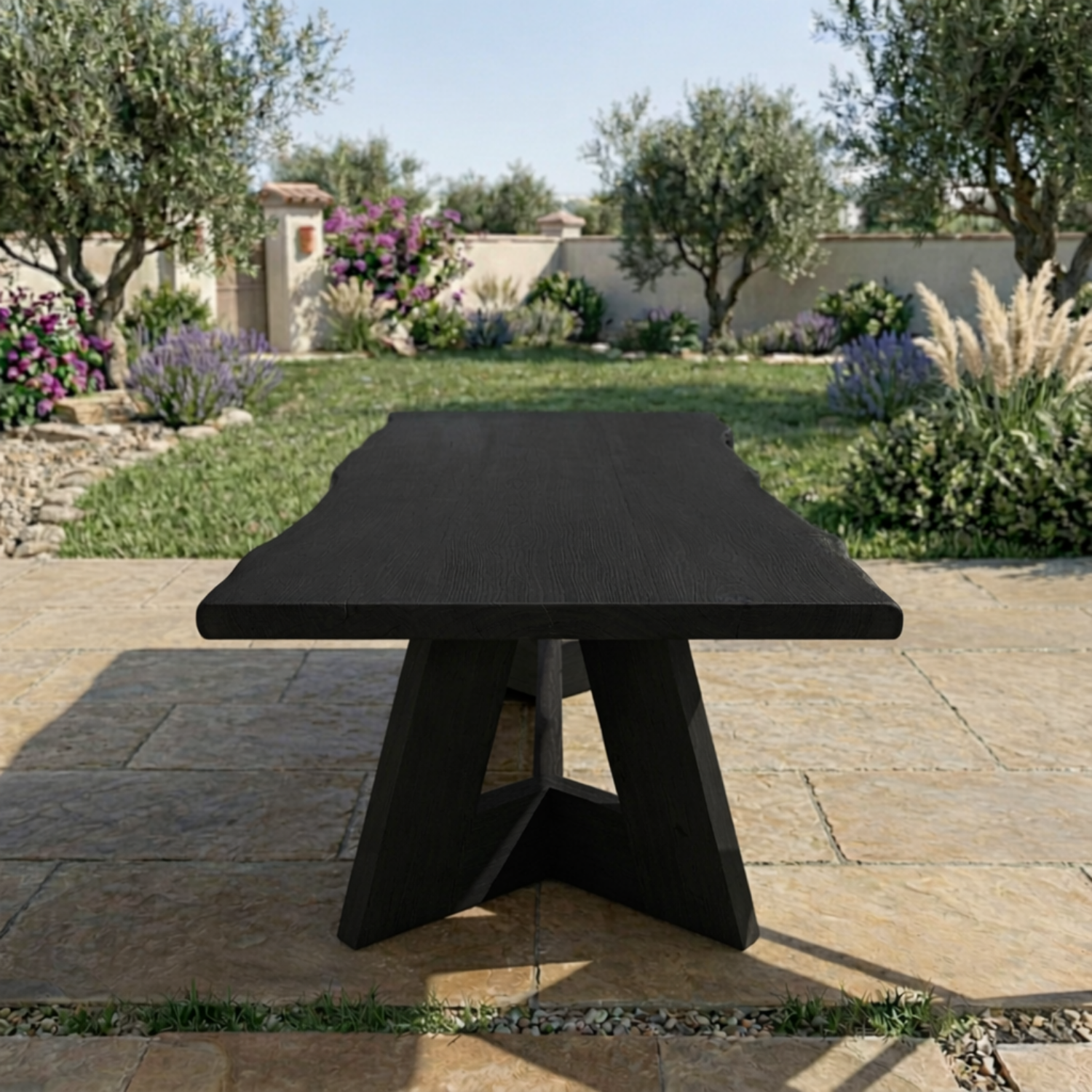 Rectangular Solid Wood Outdoor Dining Table with Geometric Pedestal Base