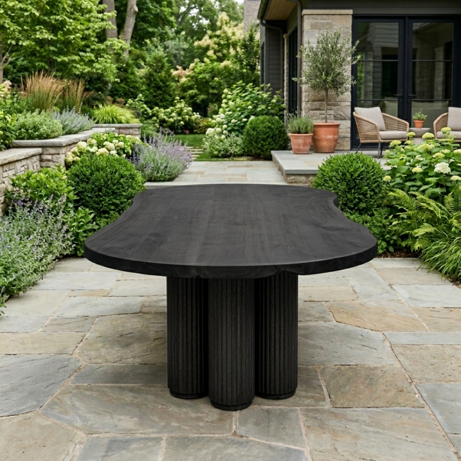 Solid Wood Outdoor Dining Table with Organic Live Edge Top & Fluted Pedestal Base