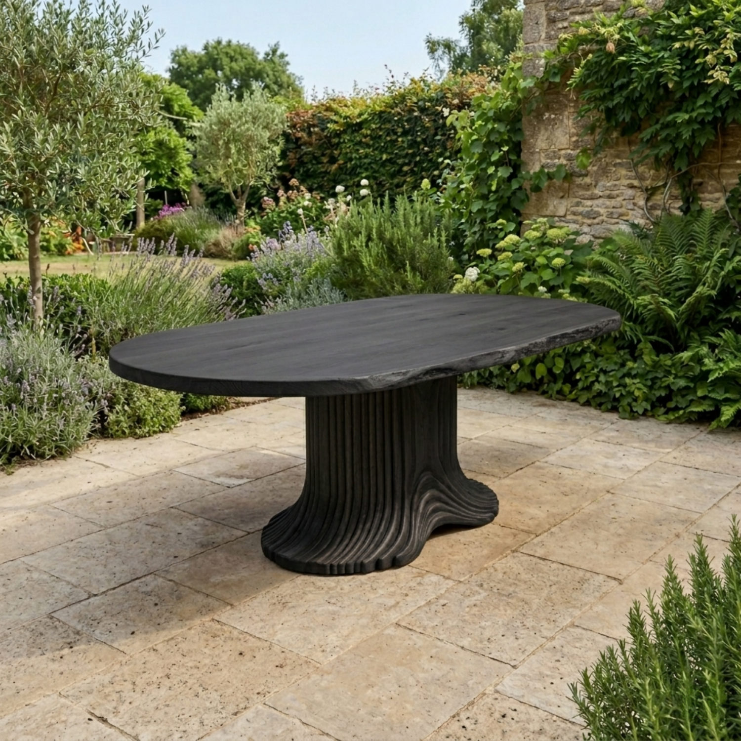 Solid Wood Outdoor Dining Table Oval Live Edge with Sculptural Fluted Pedestal