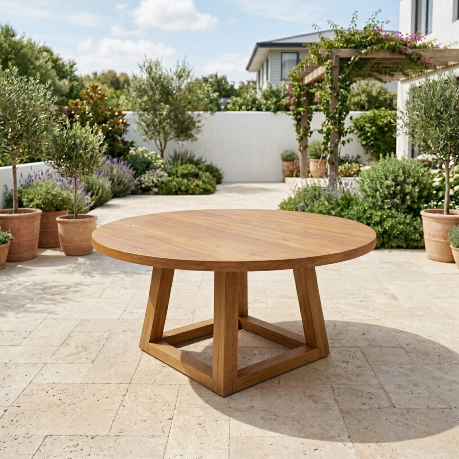 Round Solid Wood Outdoor Dining Table with Geometric Cross Pedestal Base