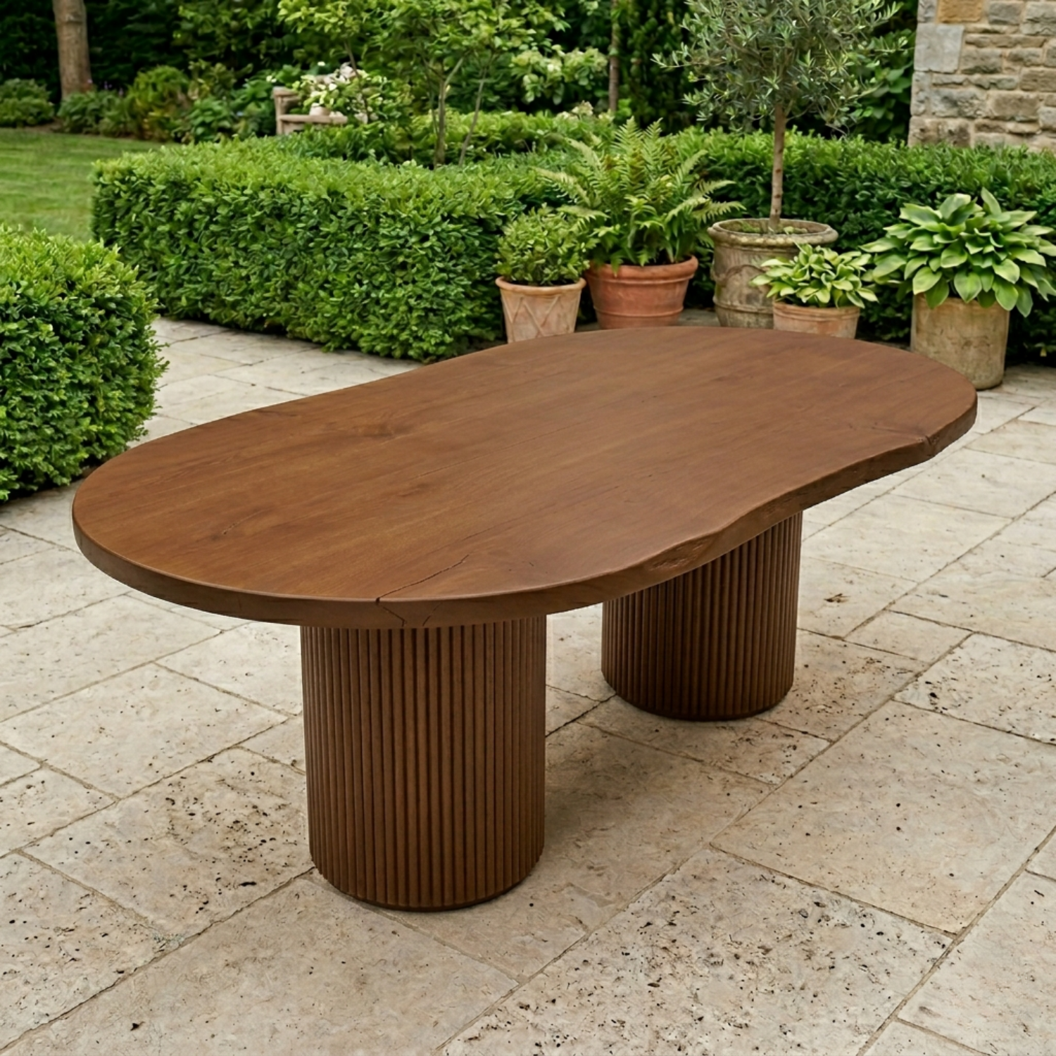 Solid Wood Outdoor Dining Table Oval Sculptural Base Modern Patio Garden Table