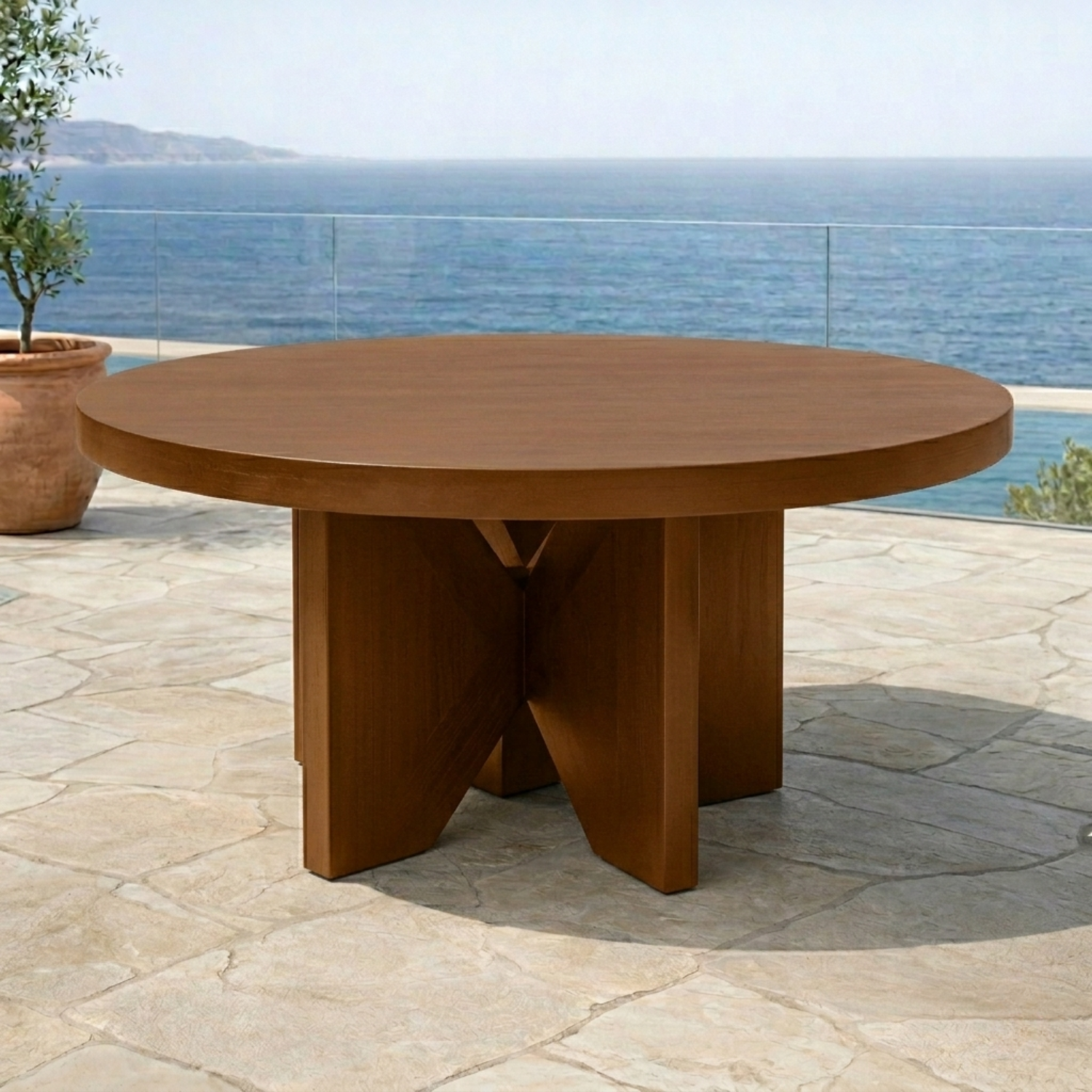 Round Solid Wood Outdoor Dining Table with Bold Cross Pedestal Base