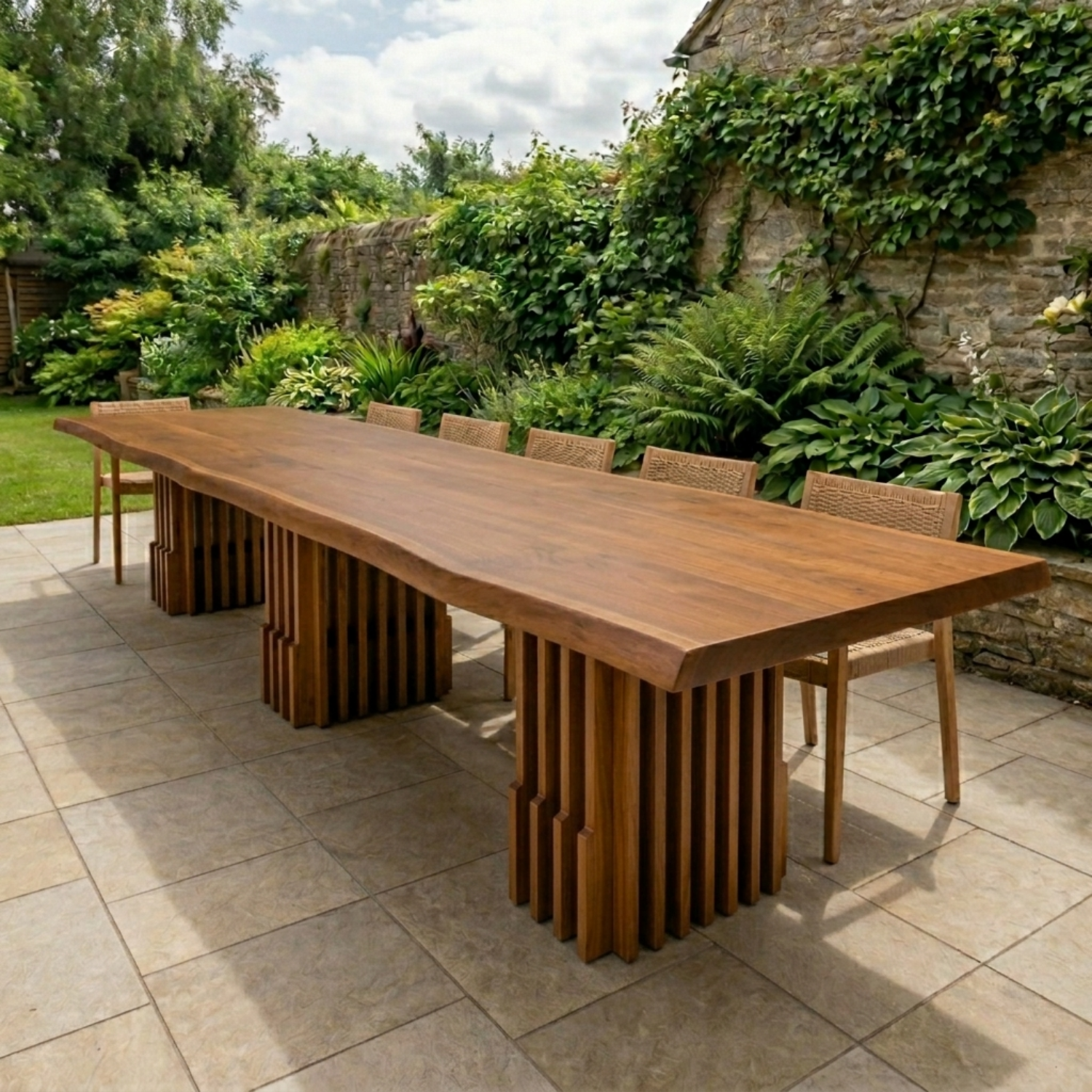 Solid Wood Outdoor Dining Table Live Edge Top with Fluted Multi-Pedestal Base