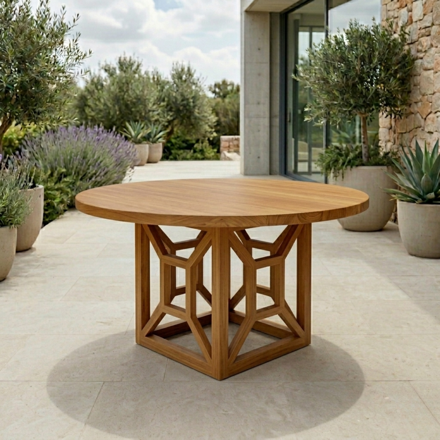 Round Solid Wood Outdoor Dining Table with Geometric Architectural Pedestal Base