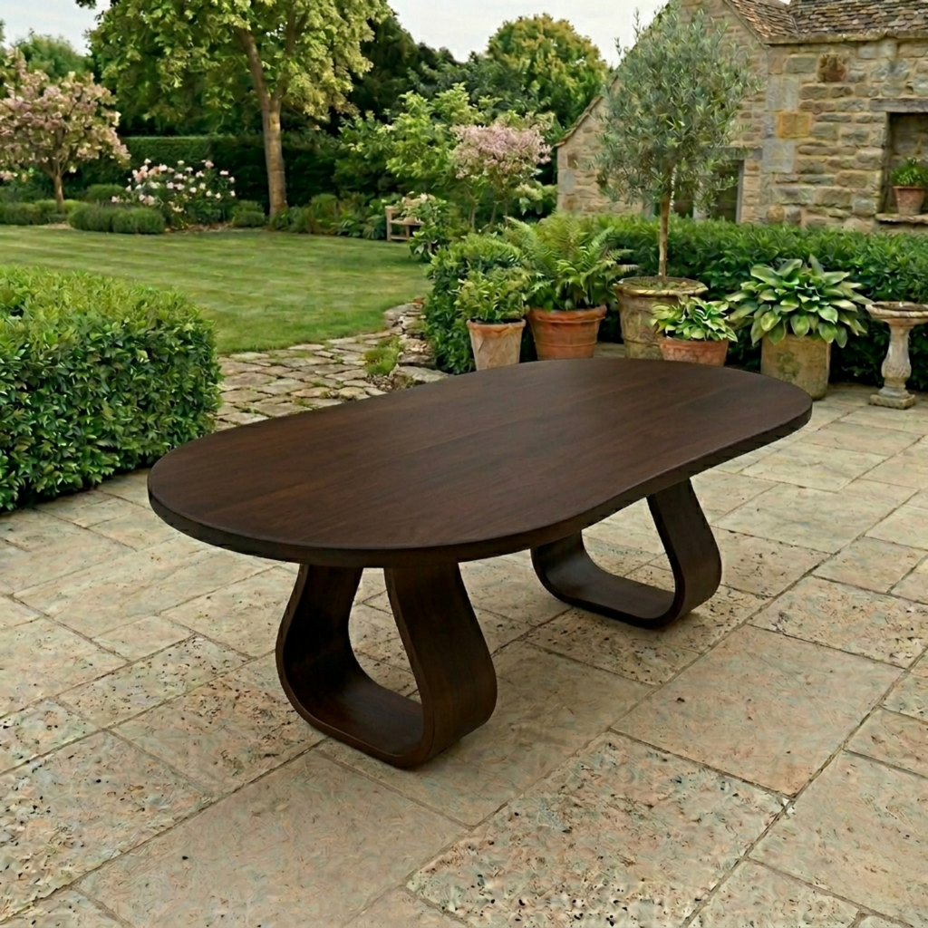 Solid Wood Outdoor Dining Table Oval Top with Sculptural Loop Base