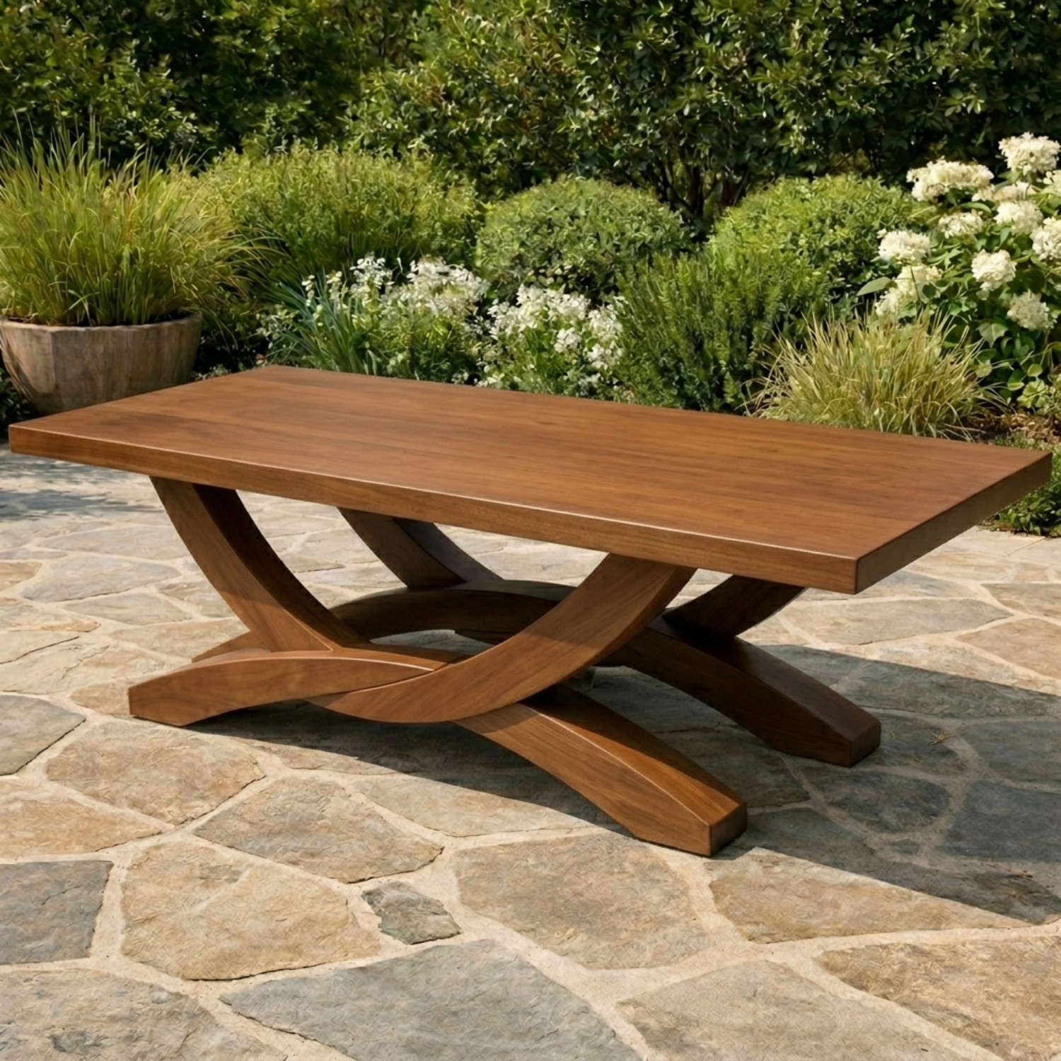 Solid Wood Outdoor Dining Table Rectangular Top with Sculptural Cross Base