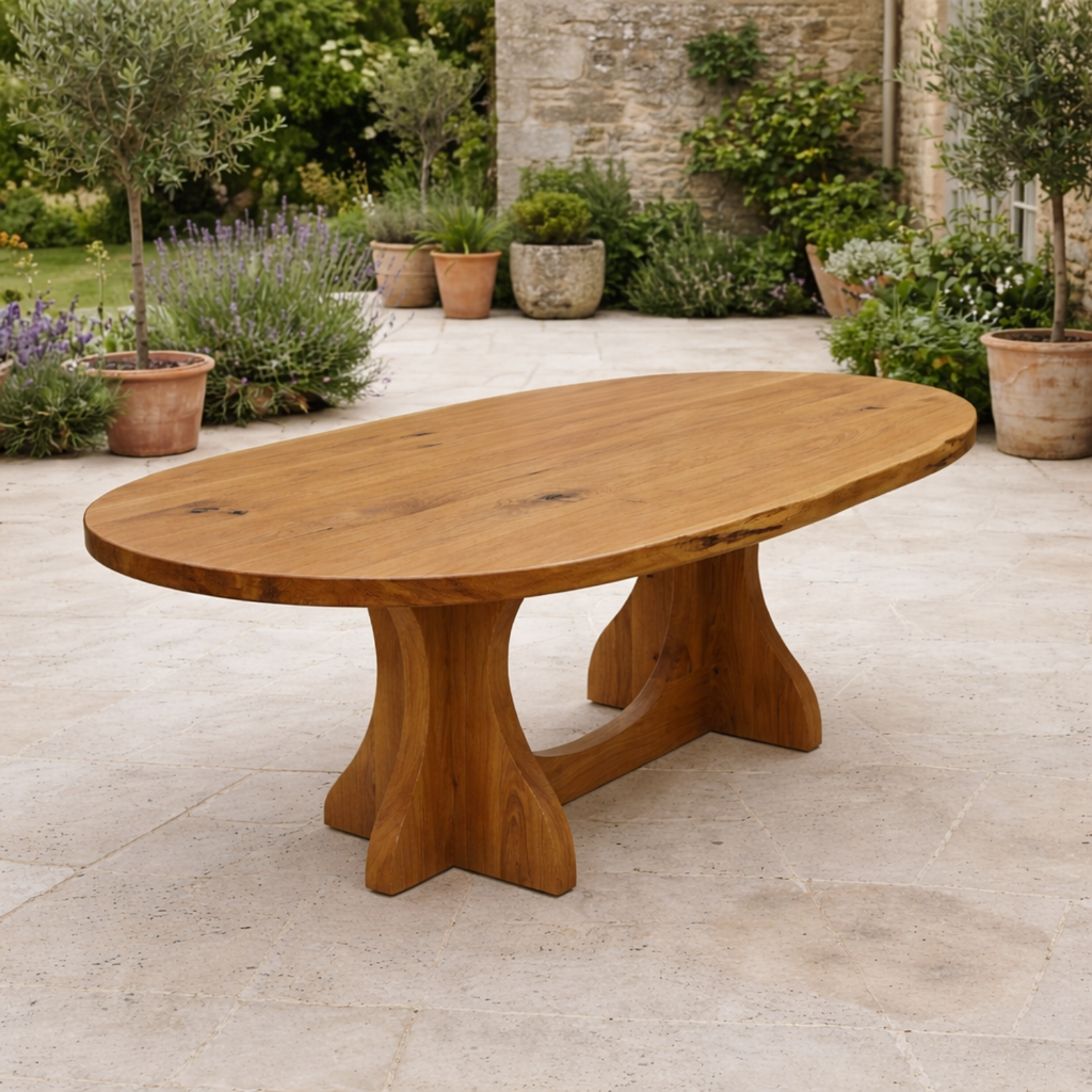 Oval Solid Wood Outdoor Dining Table with Curved Double Pedestal Base
