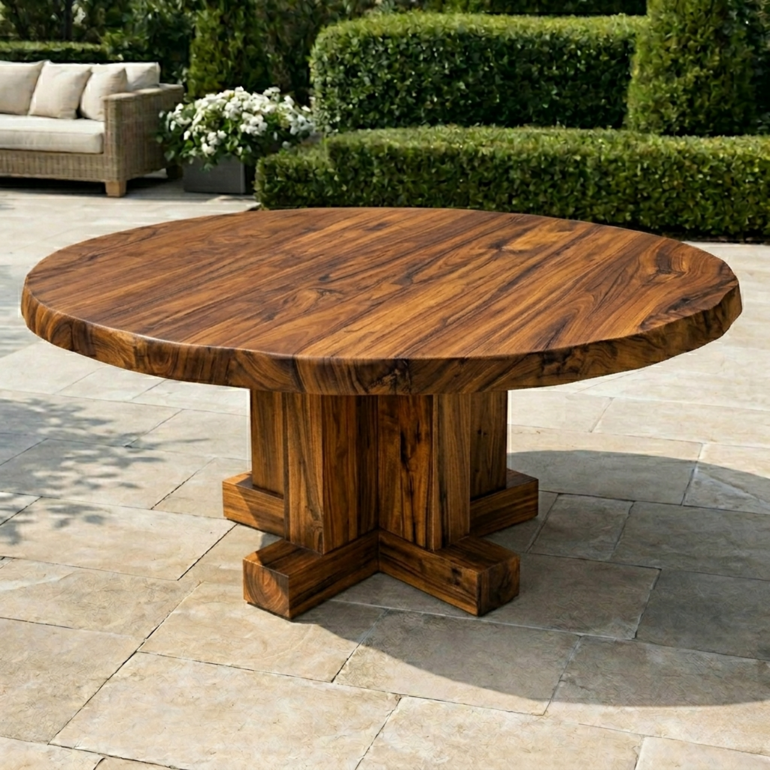 Round Live Edge Solid Wood Outdoor Dining Table with Cross Pedestal Base