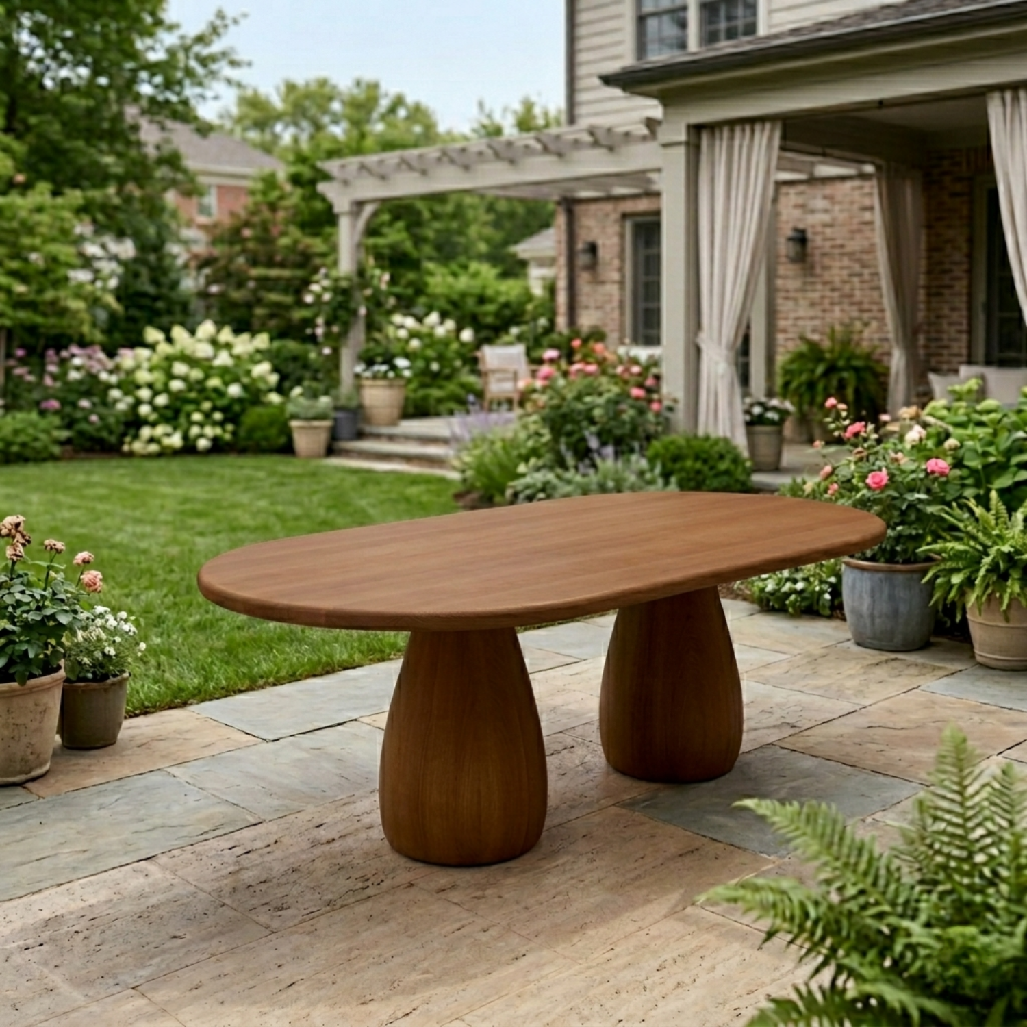 Oval Solid Wood Outdoor Dining Table with Double Rounded Form Base