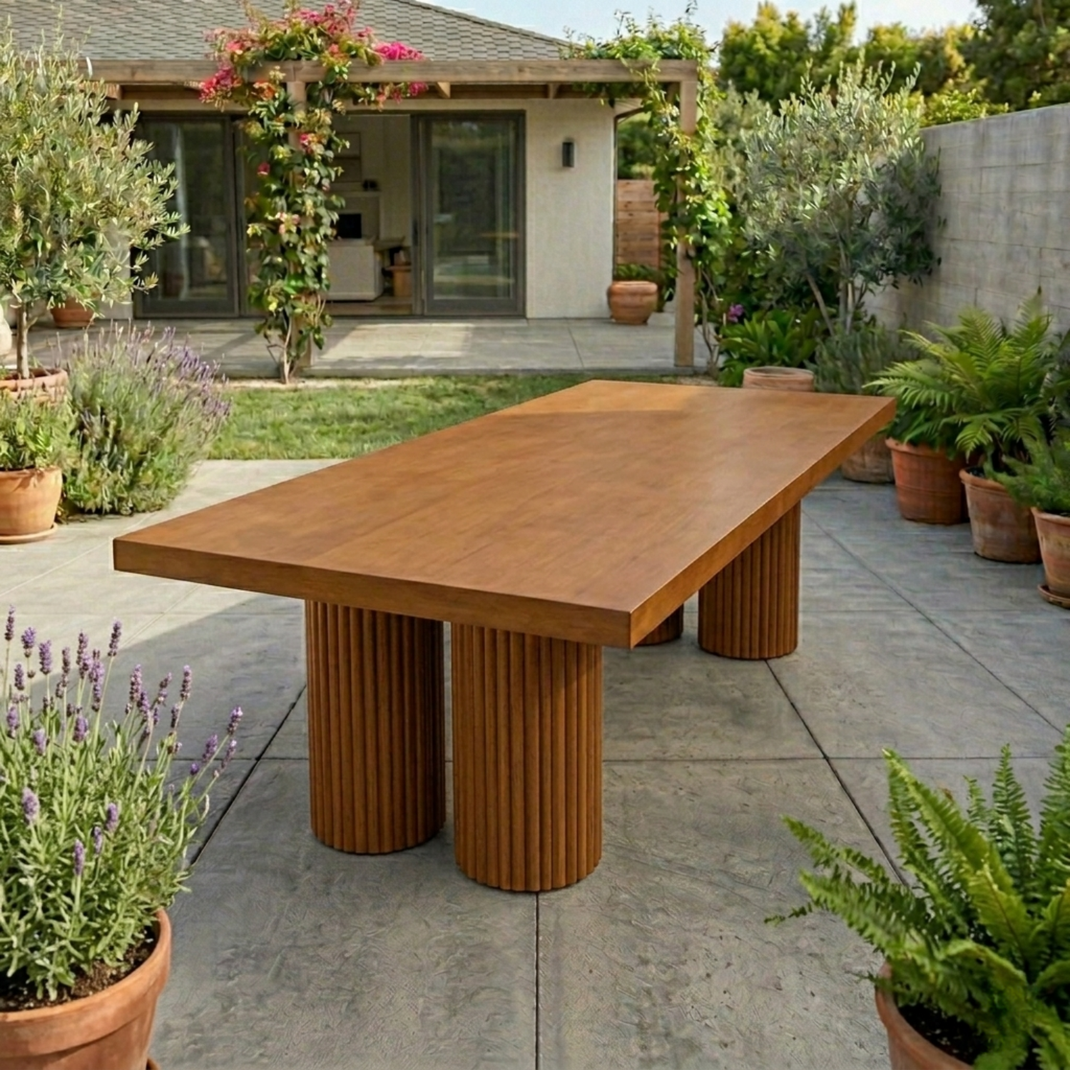 Rectangular Solid Wood Outdoor Dining Table with Double Fluted Pedestal Bases
