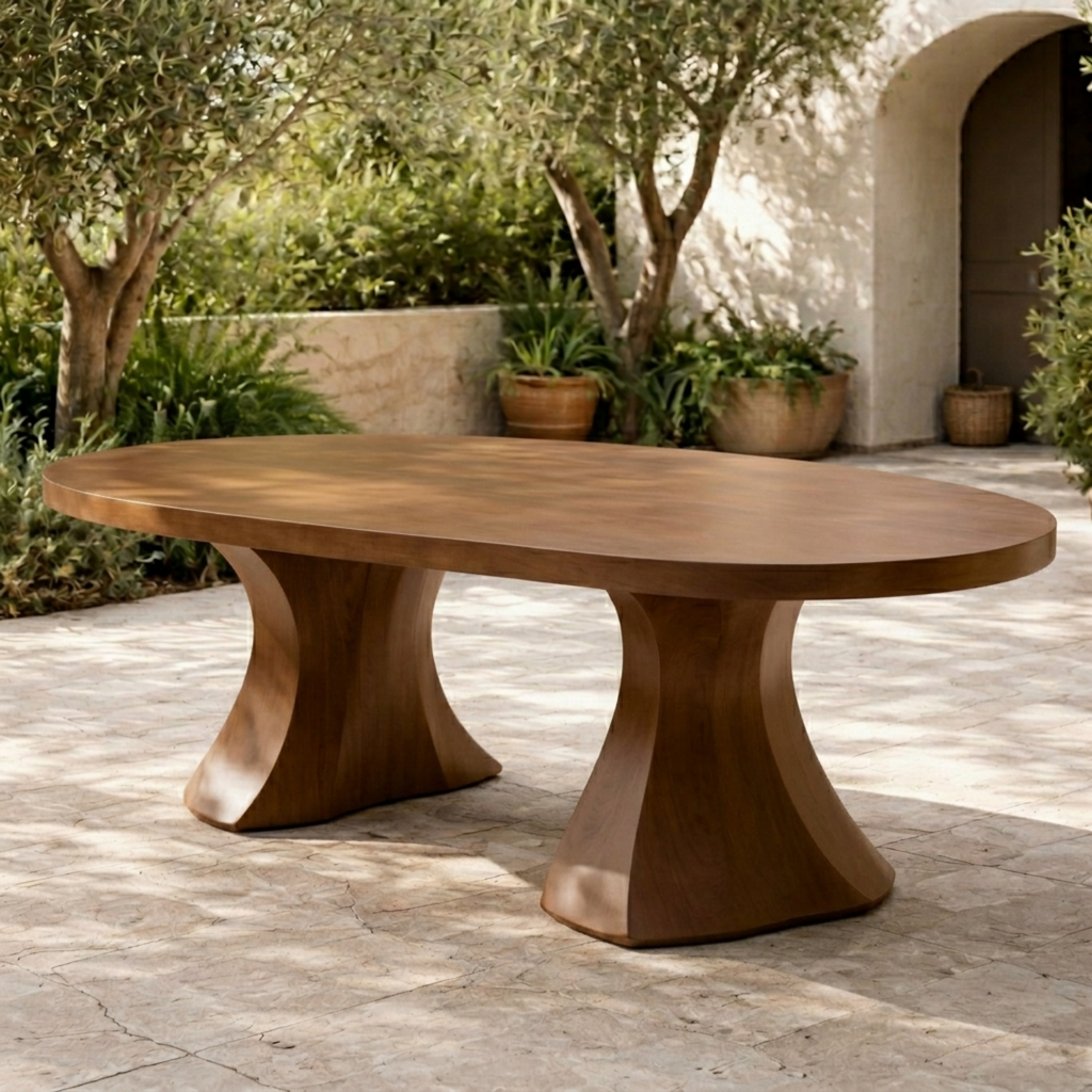 Oval Solid Wood Outdoor Dining Table with Sculpted Pedestal Bases