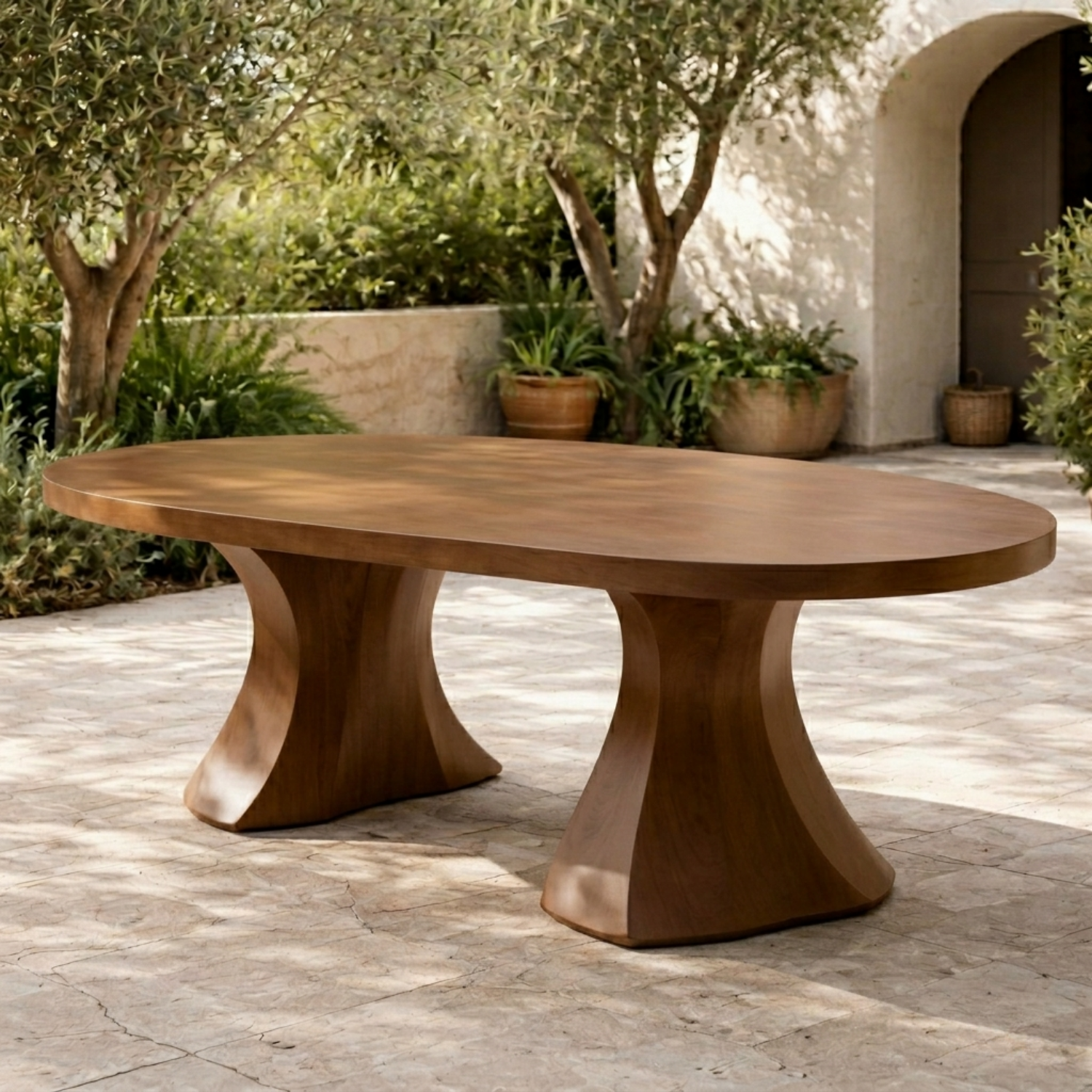 Oval Solid Wood Outdoor Dining Table with Sculpted Pedestal Bases