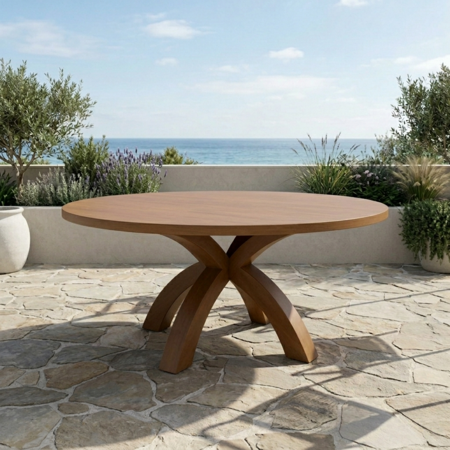 Round Solid Wood Outdoor Dining Table with Curved X Pedestal Base