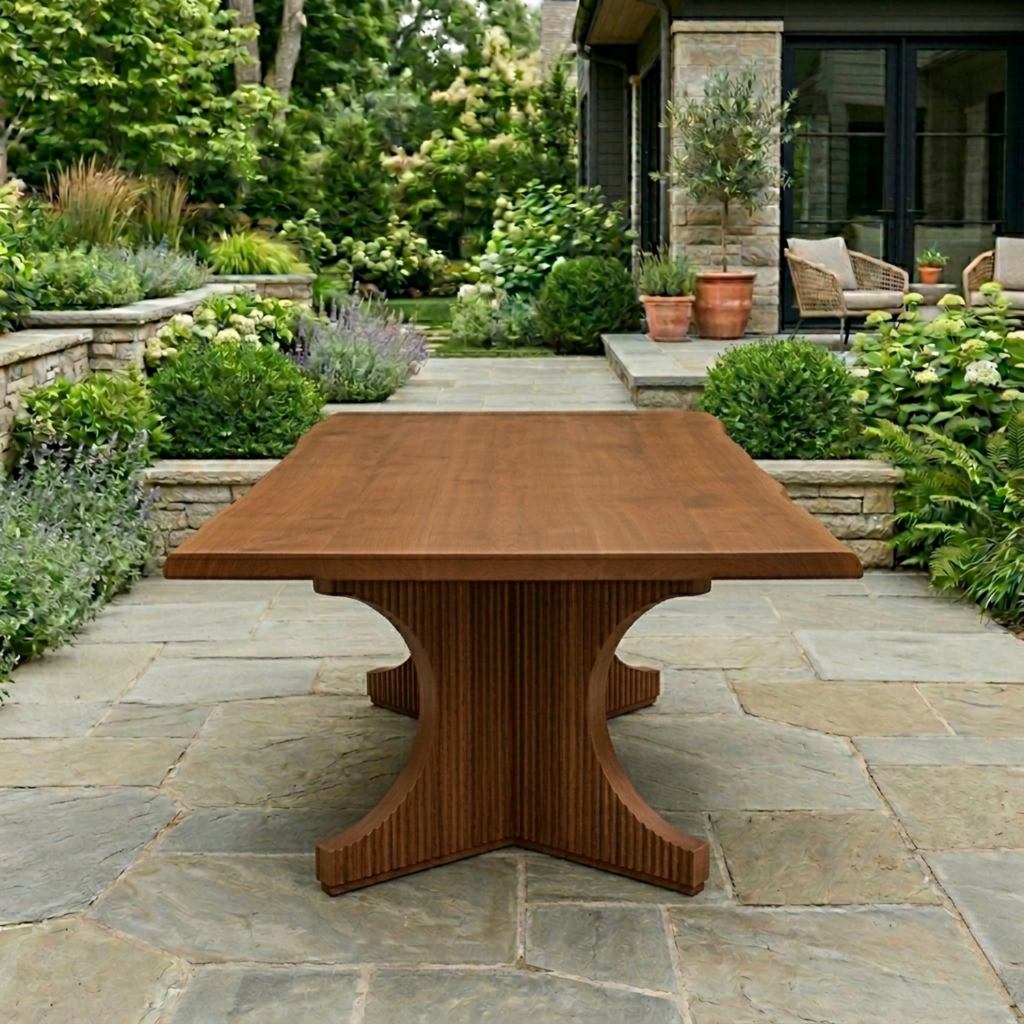Solid Wood Outdoor Dining Table Square Top with Fluted Cross Pedestal Base