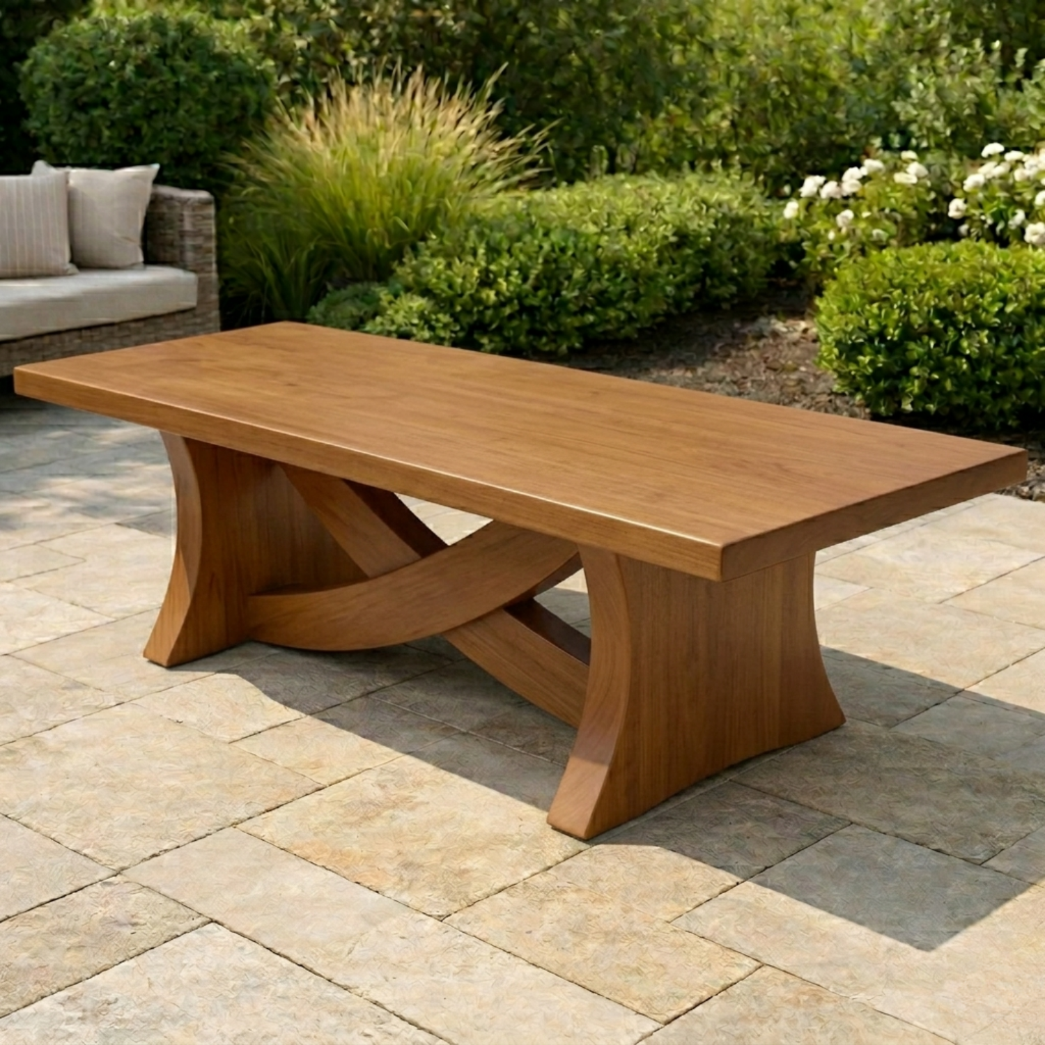 Solid Wood Outdoor Dining Table Rectangular Top with Sculptural Curved Cross Base