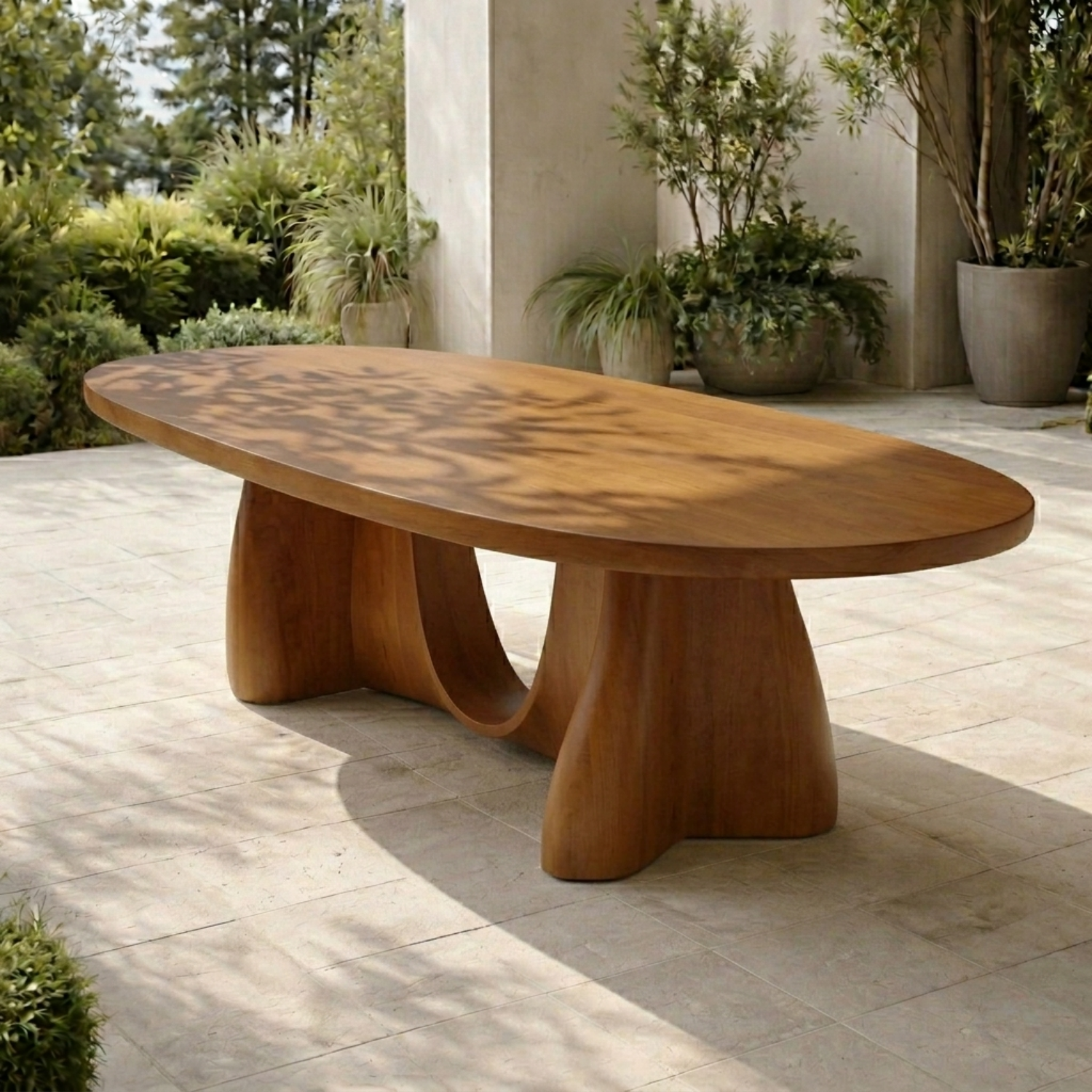 Oval Solid Wood Outdoor Dining Table with Sculptural Curved Pedestal Base