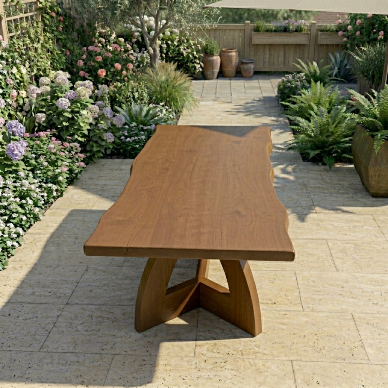 Live Edge Solid Wood Outdoor Dining Table with Sculptural Arch Pedestal Base