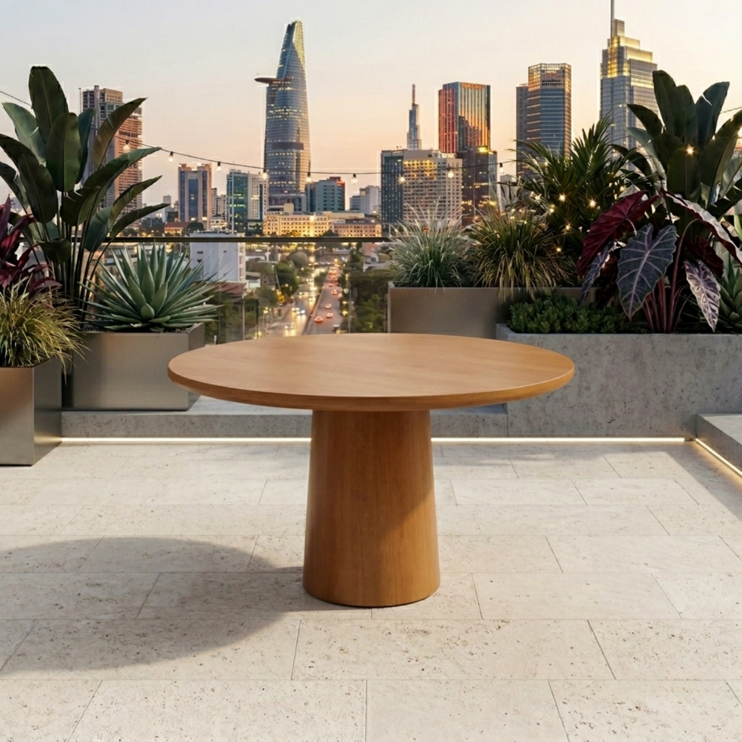 Round Solid Wood Outdoor Dining Table with Minimalist Cylinder Pedestal Base