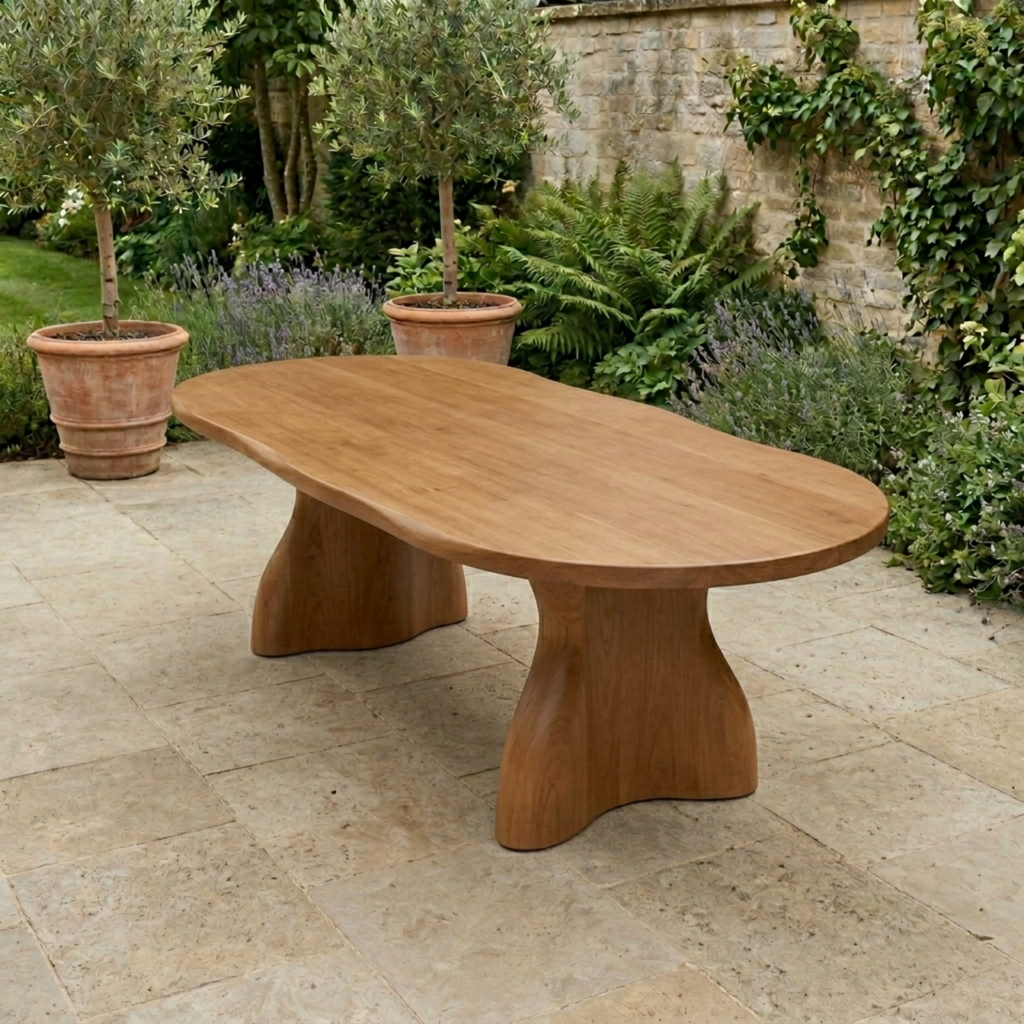 Solid Wood Outdoor Dining Table Oval Top with Organic Sculptural Pedestal Base