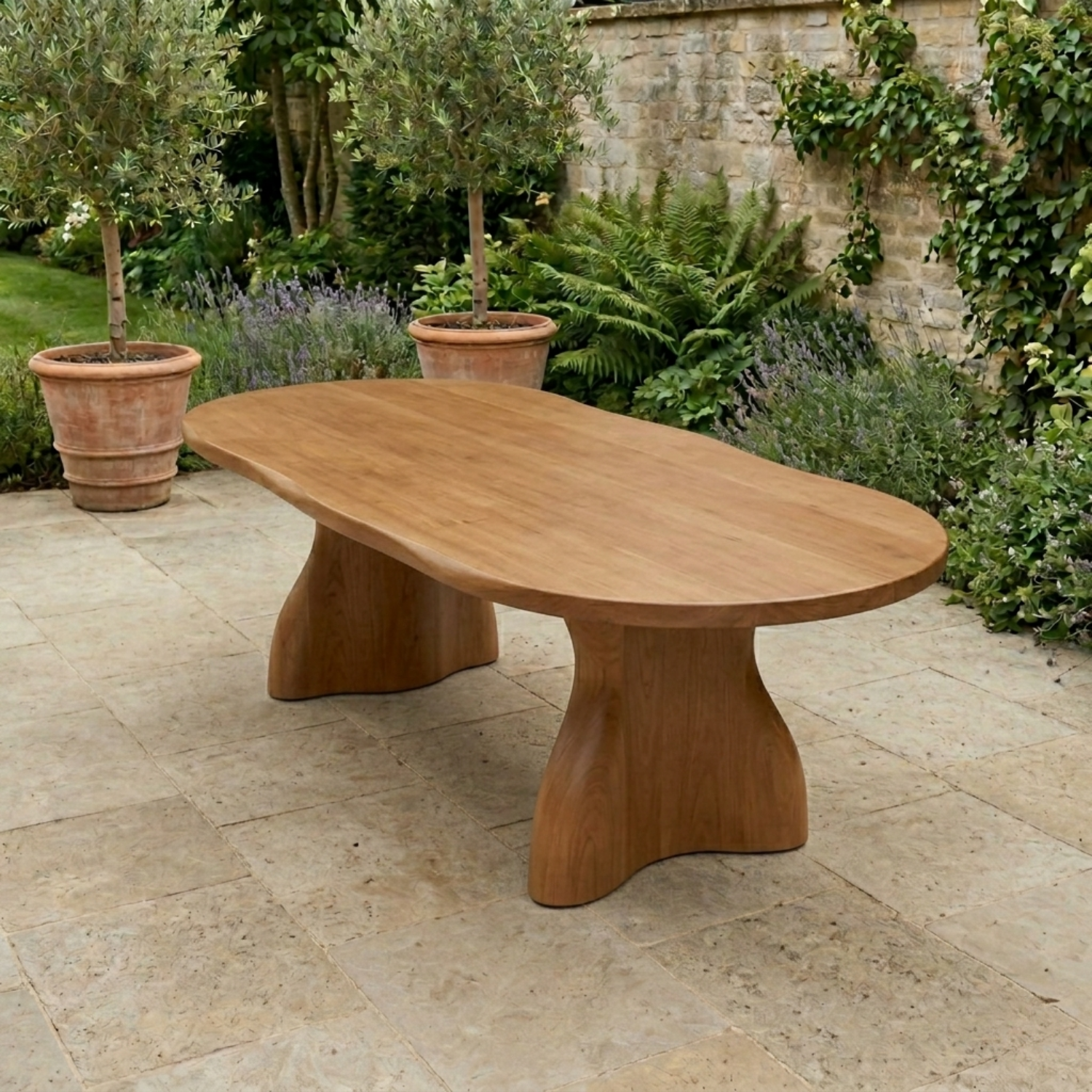 Solid Wood Outdoor Dining Table Oval Top with Organic Sculptural Pedestal Base