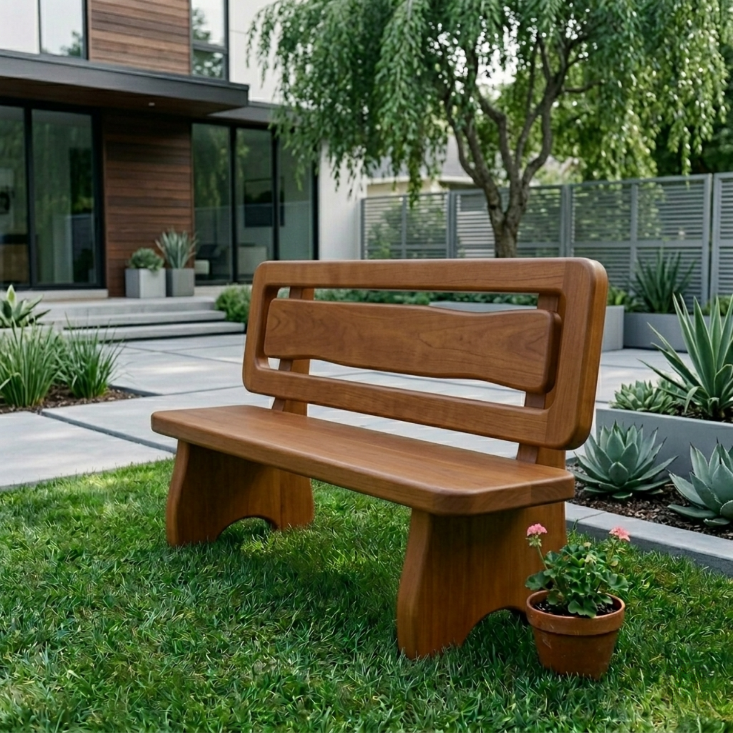 Solid Wood Outdoor Bench with Double Slat Back Modern Garden Patio Seating