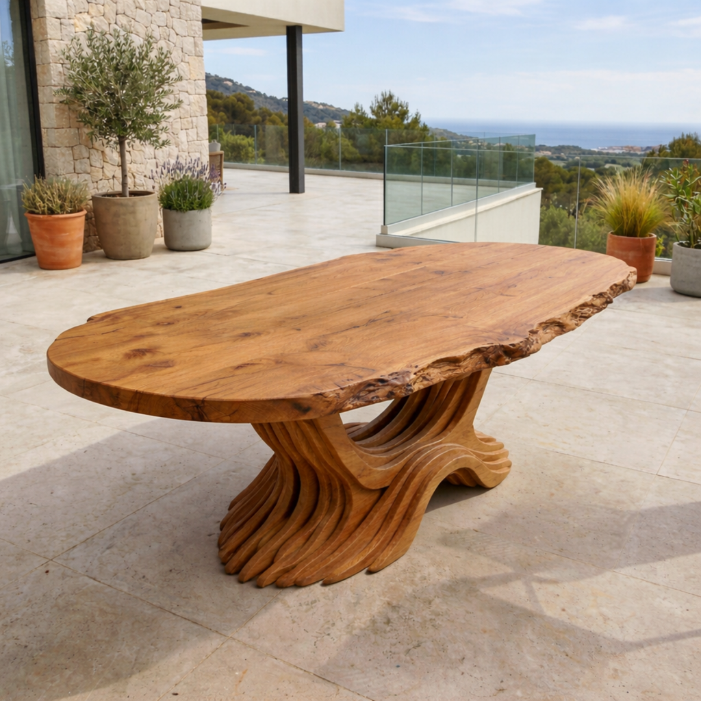 Live Edge Solid Wood Outdoor Dining Table with Sculptural Wave Pedestal Base