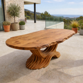 Live Edge Solid Wood Outdoor Dining Table with Sculptural Wave Pedestal Base