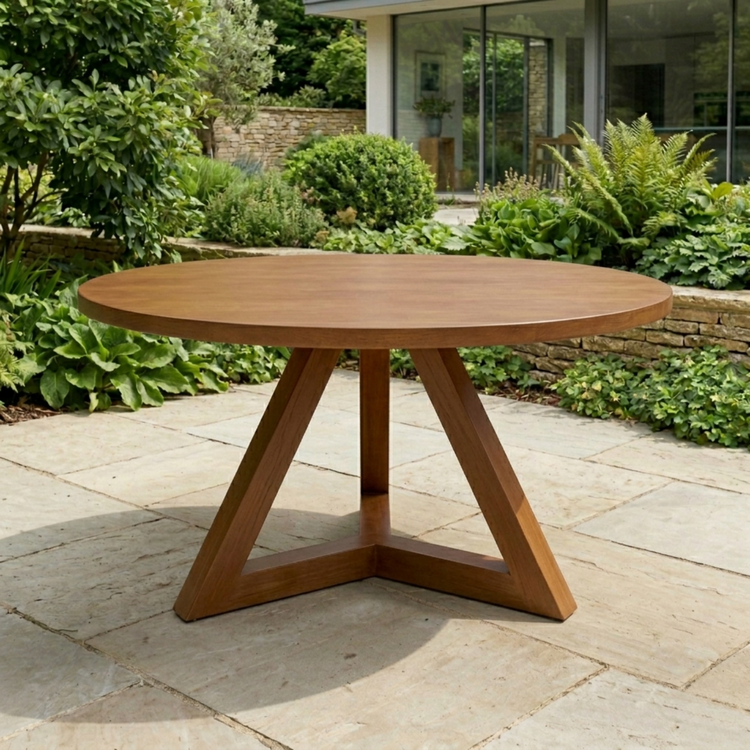 Round Solid Wood Outdoor Dining Table with Angular Cross Pedestal Base