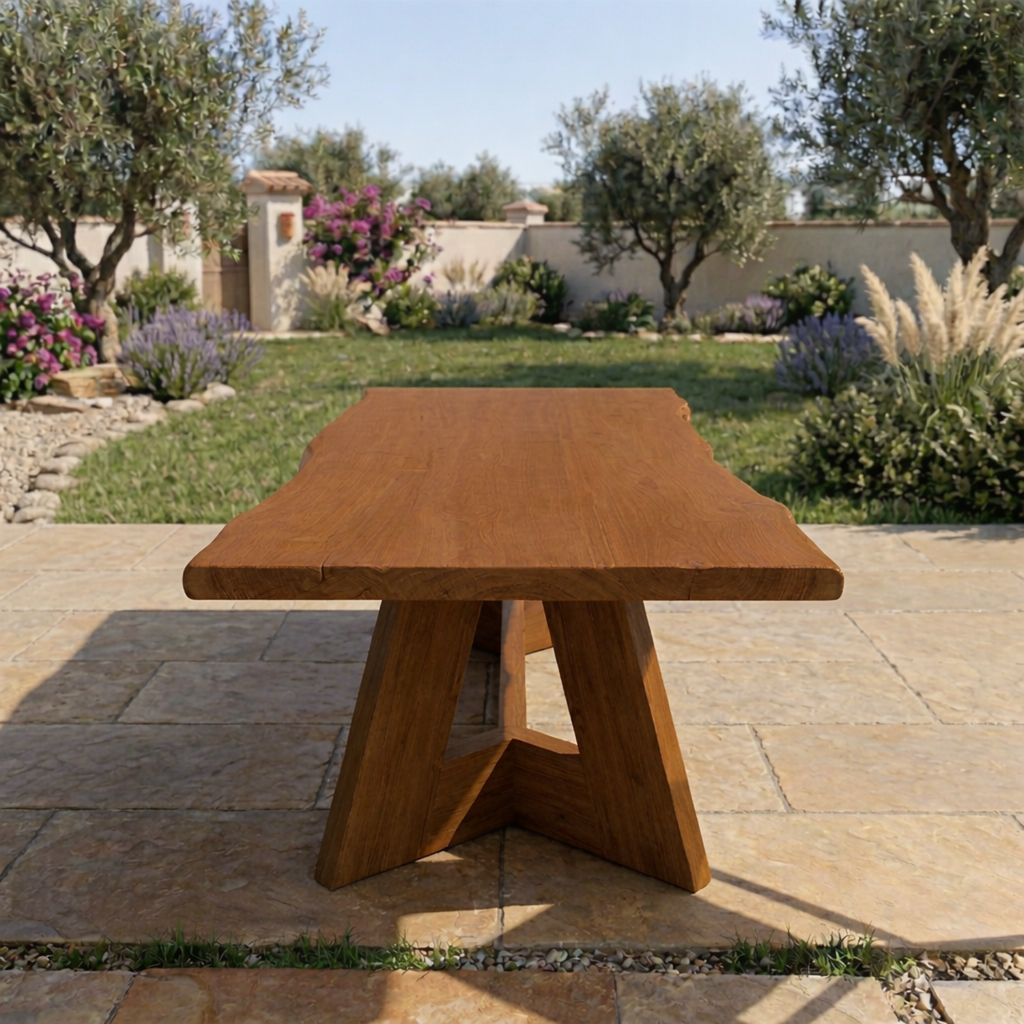 Rectangular Solid Wood Outdoor Dining Table with Geometric Pedestal Base