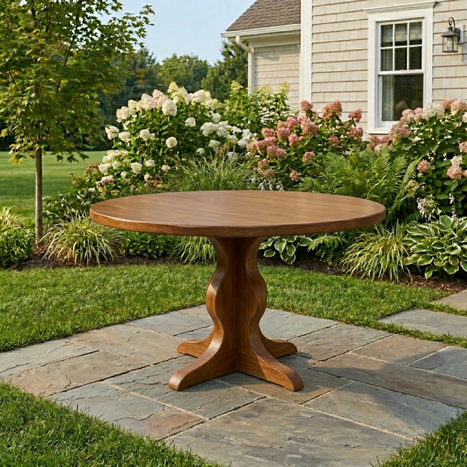 Round Solid Wood Outdoor Dining Table with Sculptural Pedestal Base
