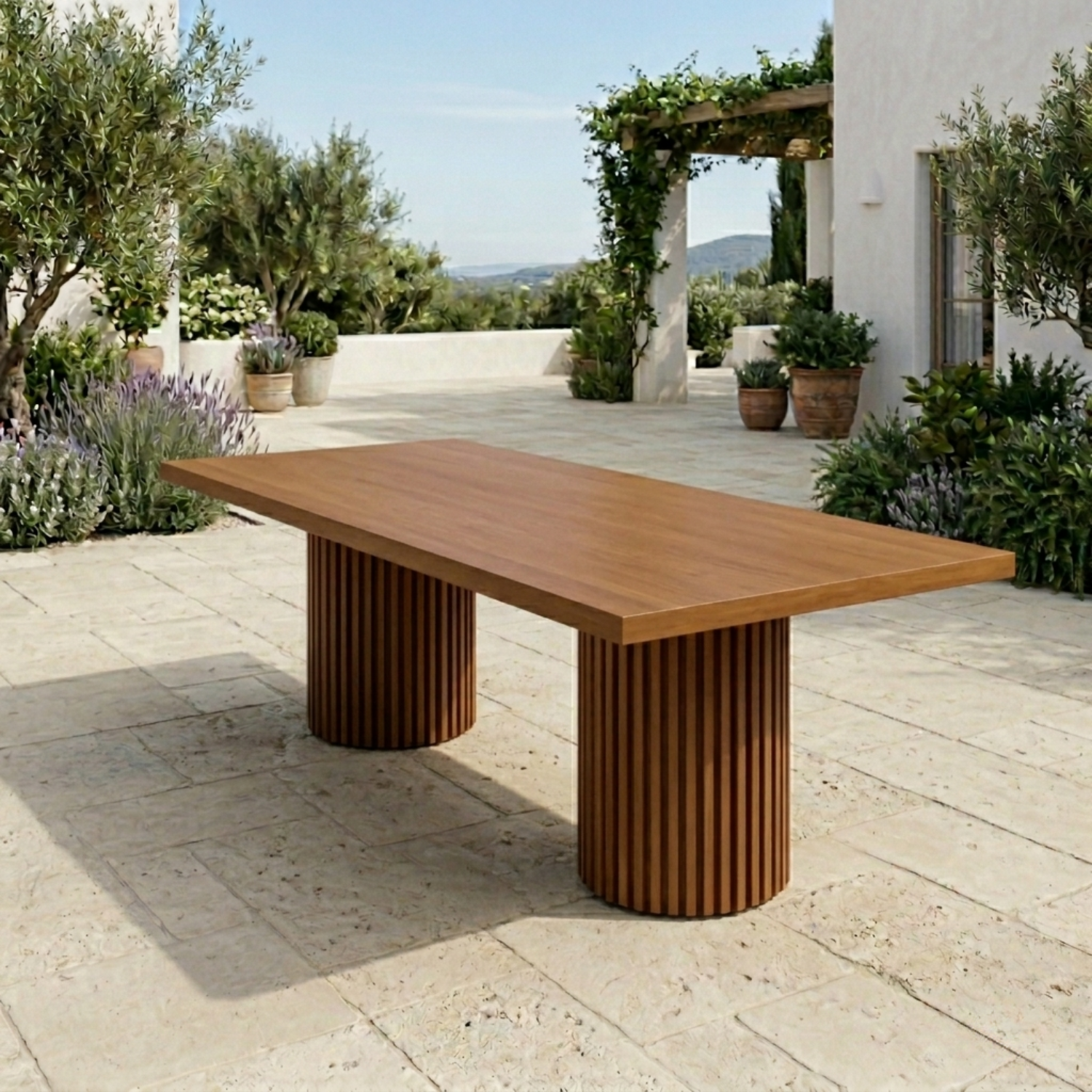 Rectangular Solid Wood Outdoor Dining Table with Fluted Pedestal Base