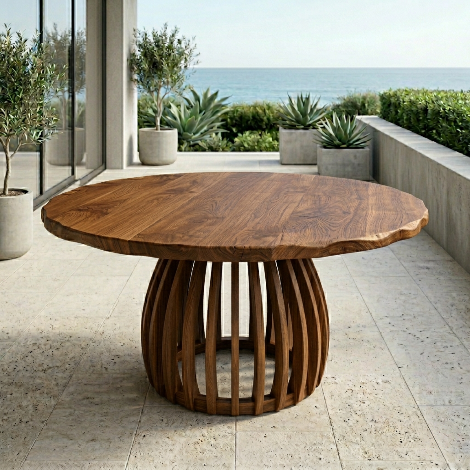 Round Live Edge Solid Wood Outdoor Dining Table with Sculptural Slatted Pedestal Base