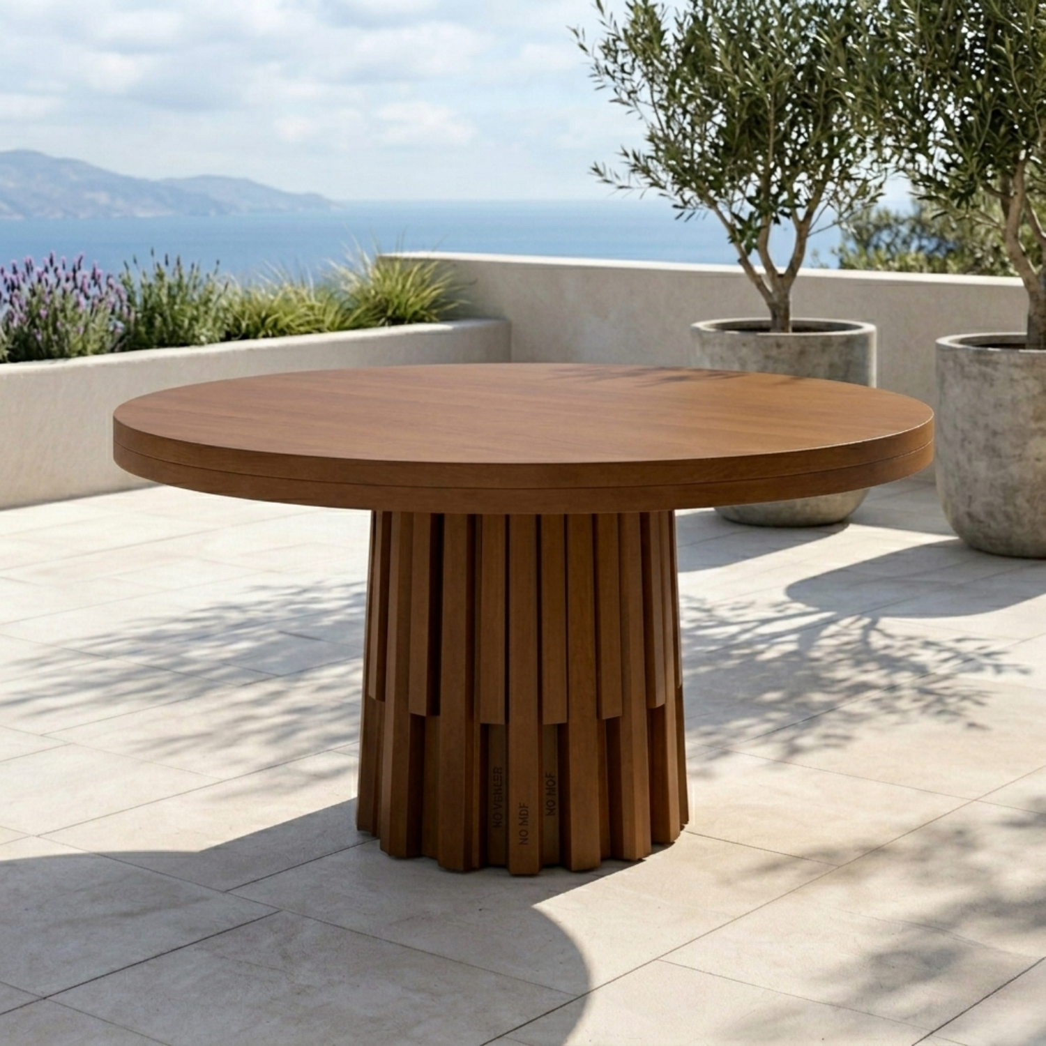 Round Solid Wood Outdoor Dining Table with Fluted Sculptural Pedestal Base