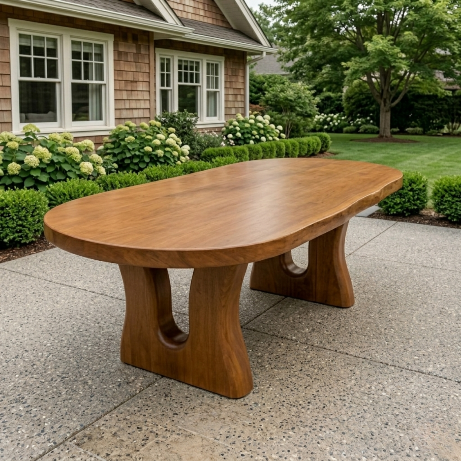 Live Edge Solid Wood Outdoor Dining Table with Sculpted Double Arch Base