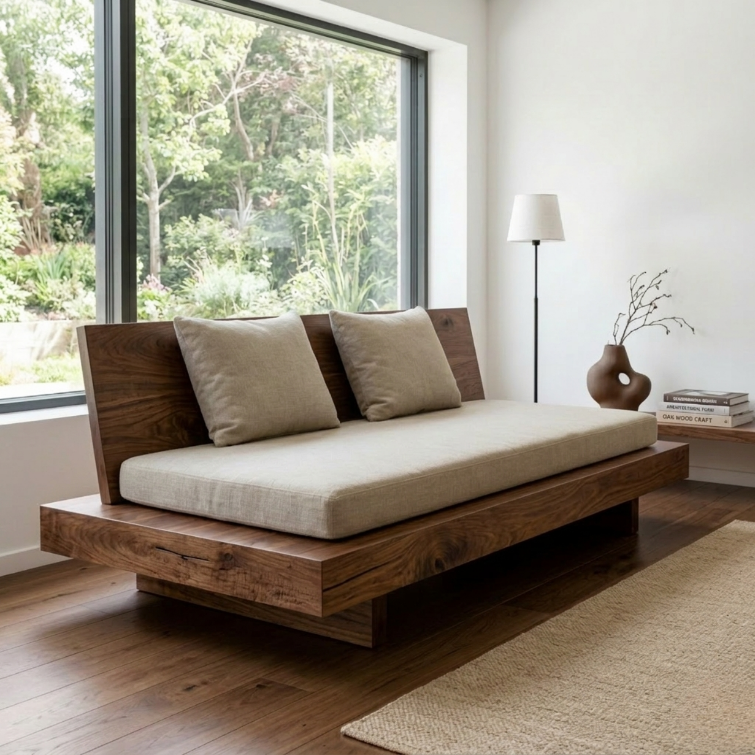 Minimalist Solid Wood Daybed with Platform Base and Angled Backrest – Modern Lounge Sofa