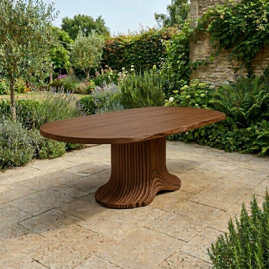 Solid Wood Outdoor Dining Table Oval Live Edge with Sculptural Fluted Pedestal