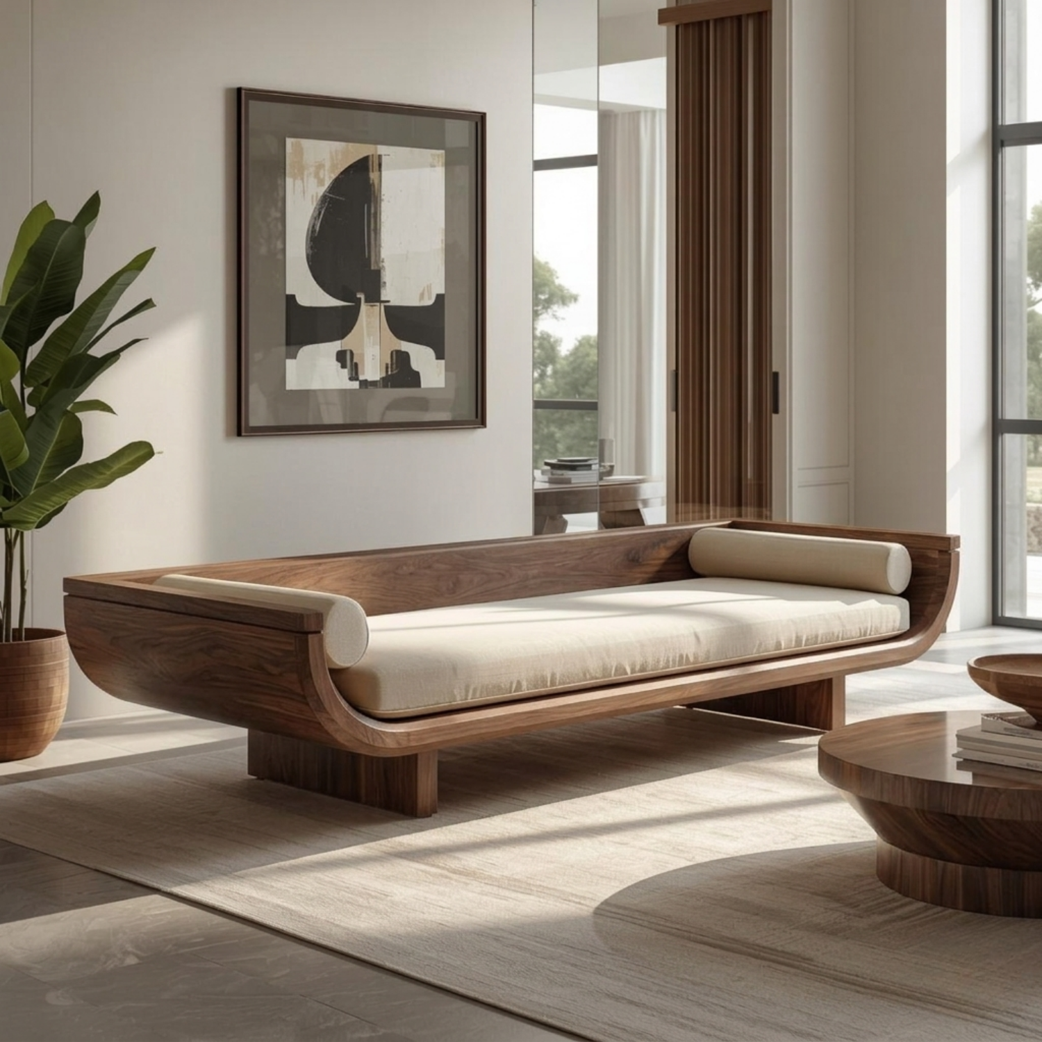 Contemporary Solid Wood Daybed with Curved Backrest and Cushioned Seat