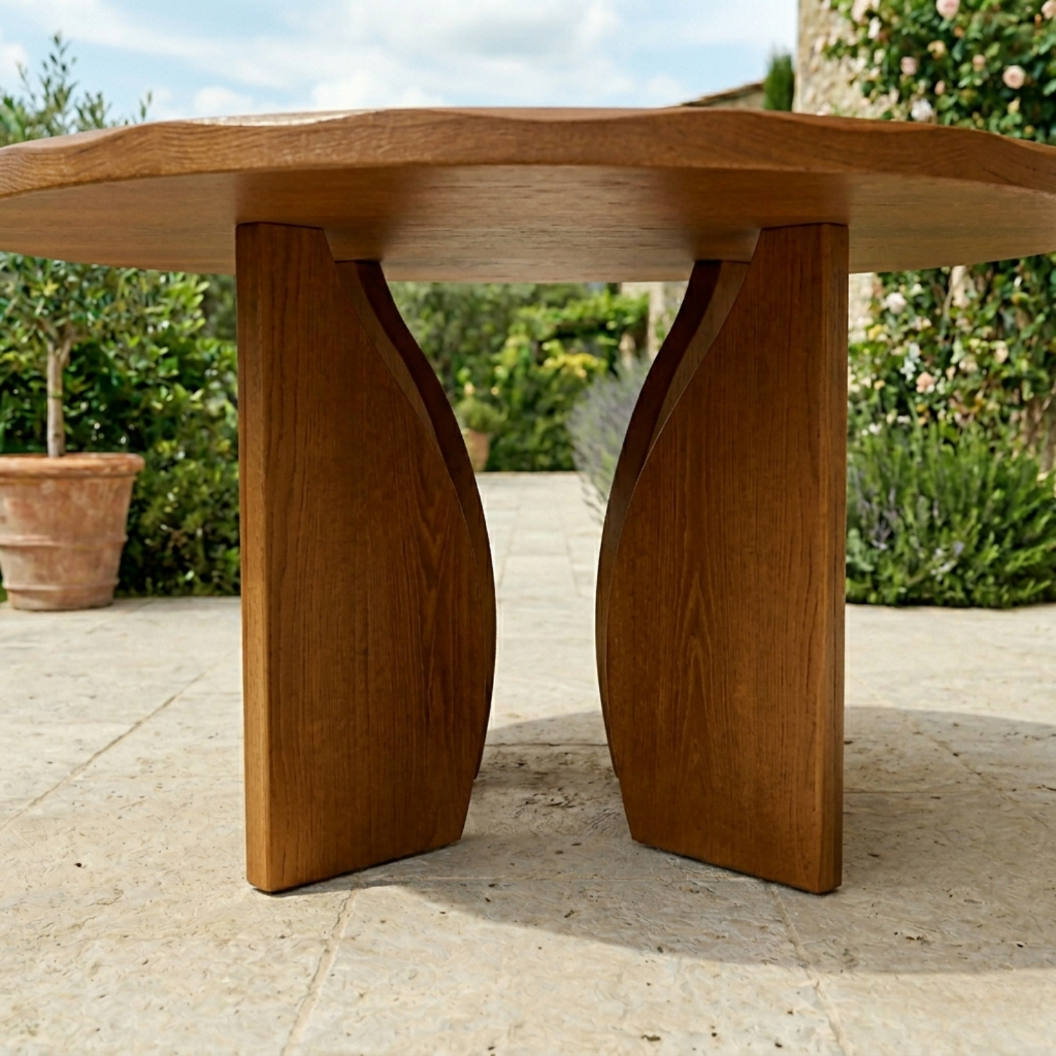 Round Solid Wood Outdoor Dining Table with Sculpted Twin Pedestal Base