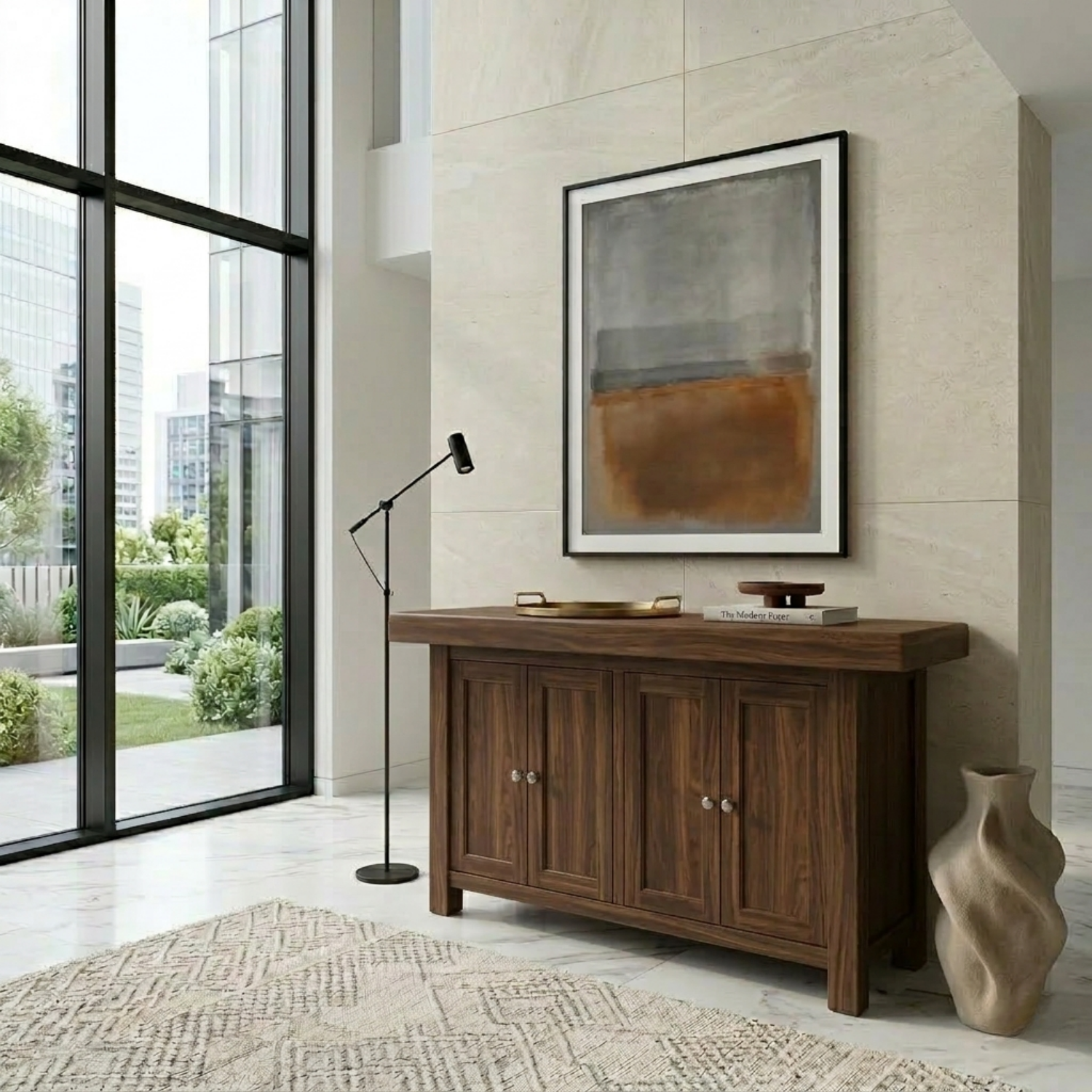 Solid Wood Console Table with Cabinet Doors – Modern Entryway Storage Sideboard