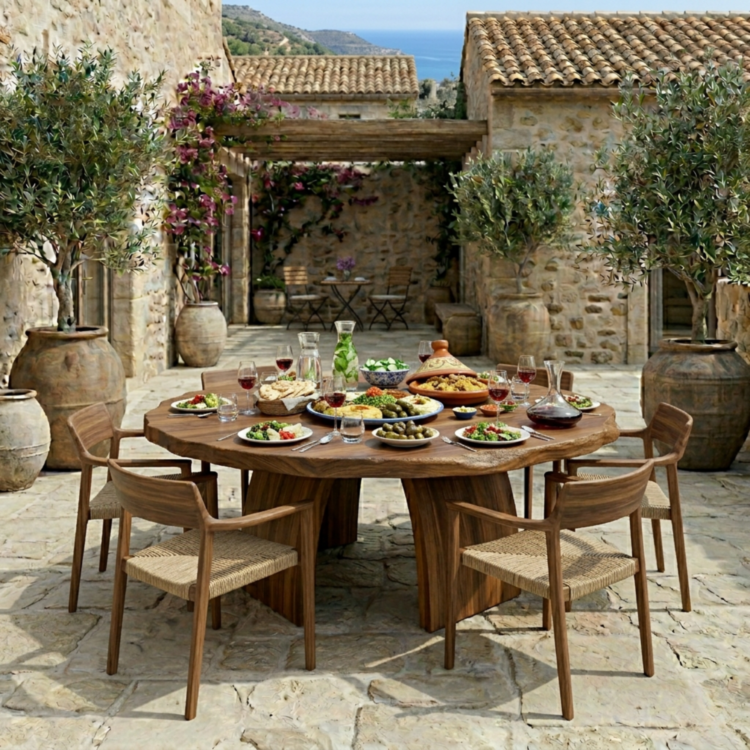 Round Live Edge Solid Wood Outdoor Dining Table with Curved Sculptural Pedestal Base