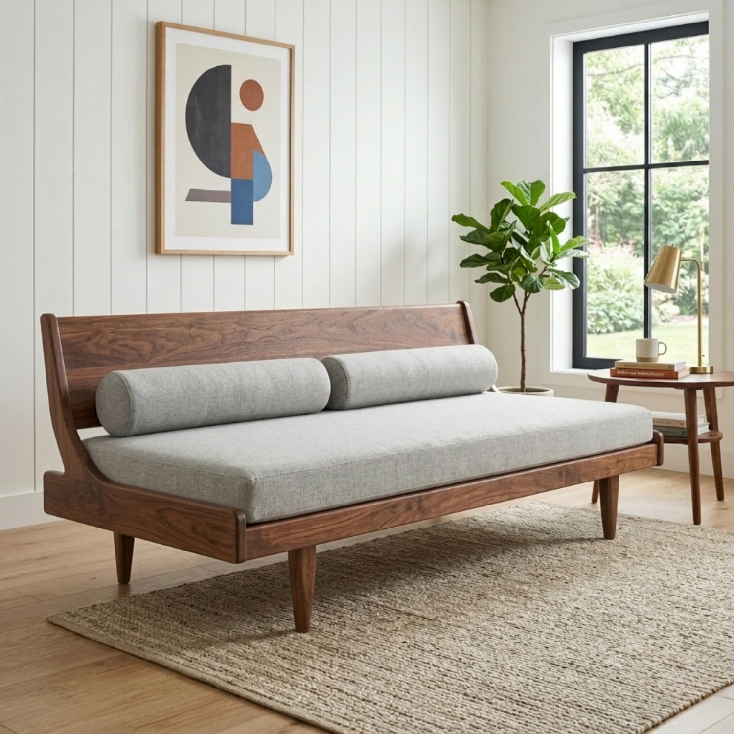 Mid-Century Solid Wood Daybed with Angled Backrest and Tapered Legs – Modern Lounge Sofa