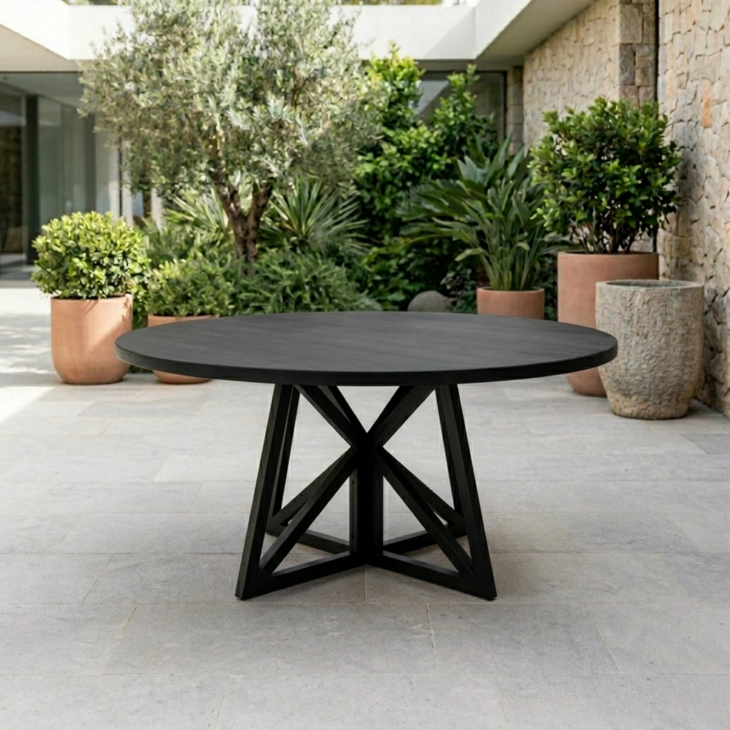 Round Solid Wood Outdoor Dining Table with Geometric Cross Pedestal Base