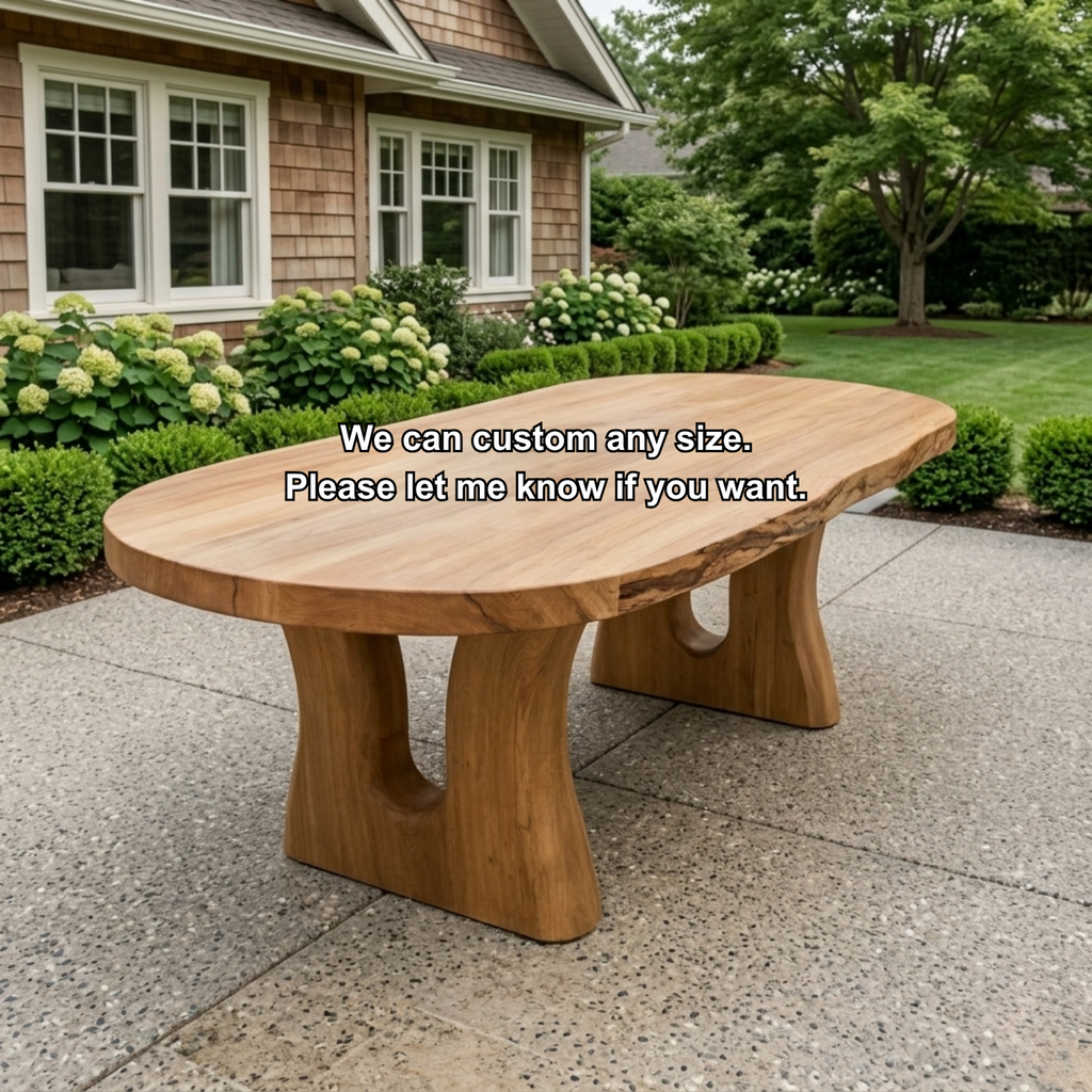 Live Edge Solid Wood Outdoor Dining Table with Sculpted Double Arch Base