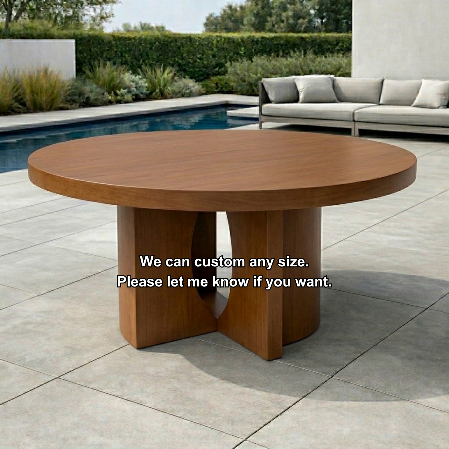 Round Solid Wood Outdoor Dining Table with Sculptural Dual Pedestal Base