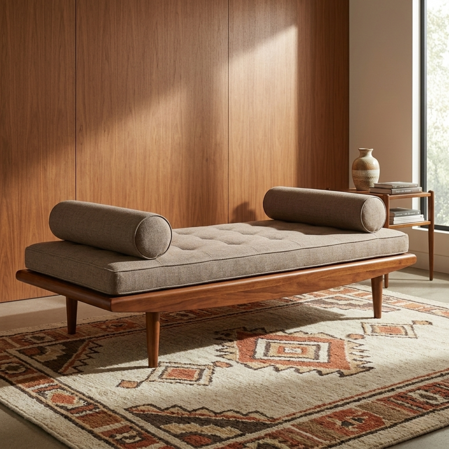 Solid Wood Daybed Frame with Mid-Century Legs – Modern Minimalist Lounge Bed