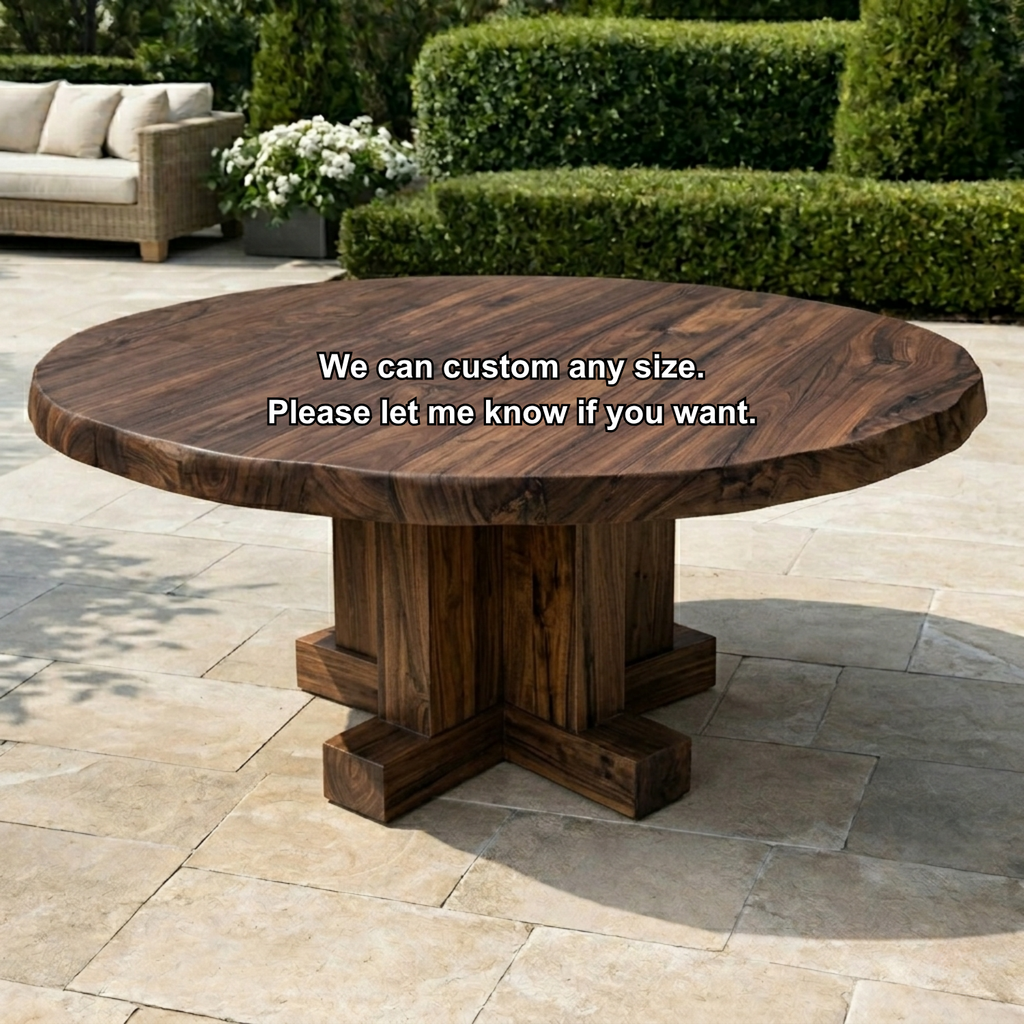 Round Live Edge Solid Wood Outdoor Dining Table with Cross Pedestal Base
