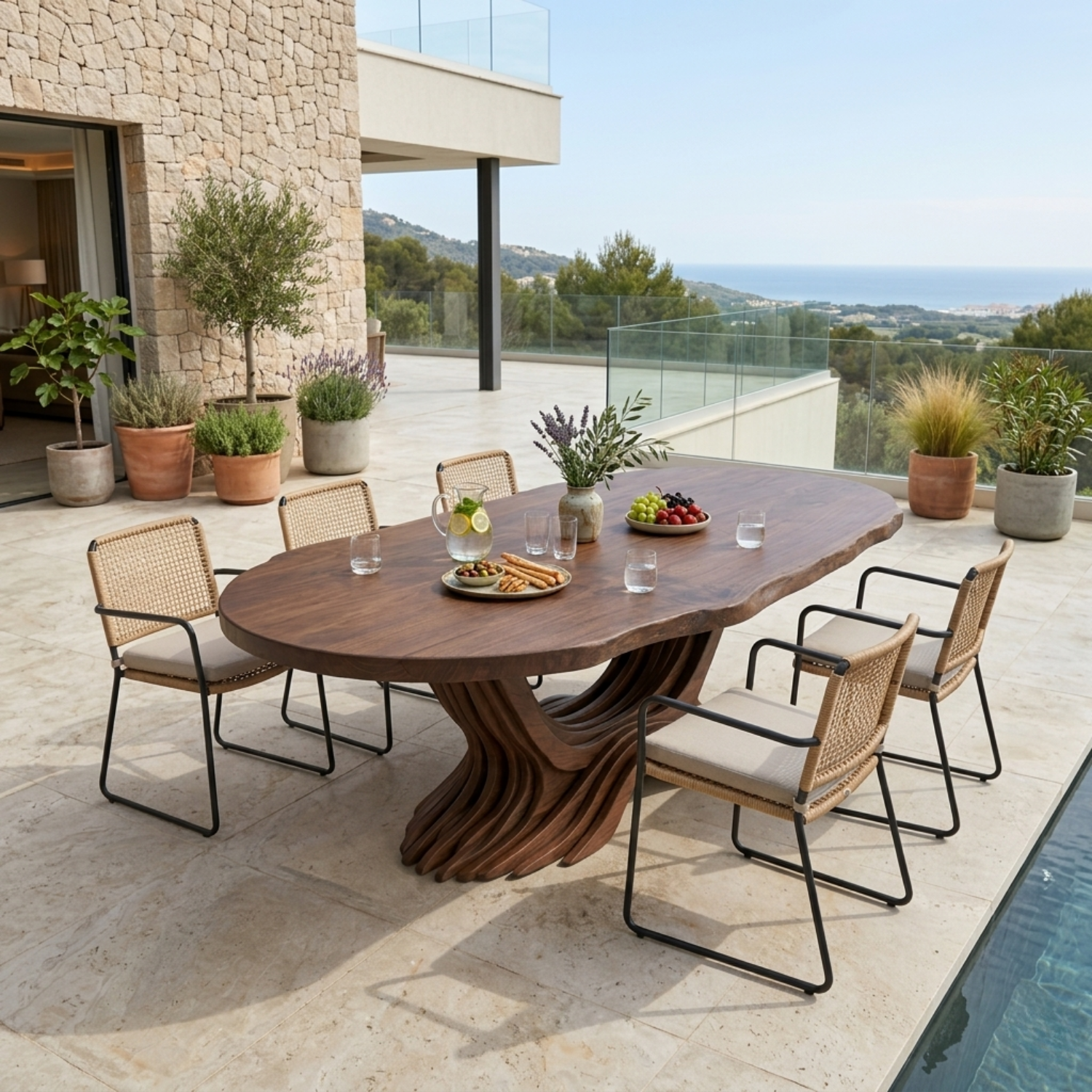 Live Edge Solid Wood Outdoor Dining Table with Sculptural Wave Pedestal Base